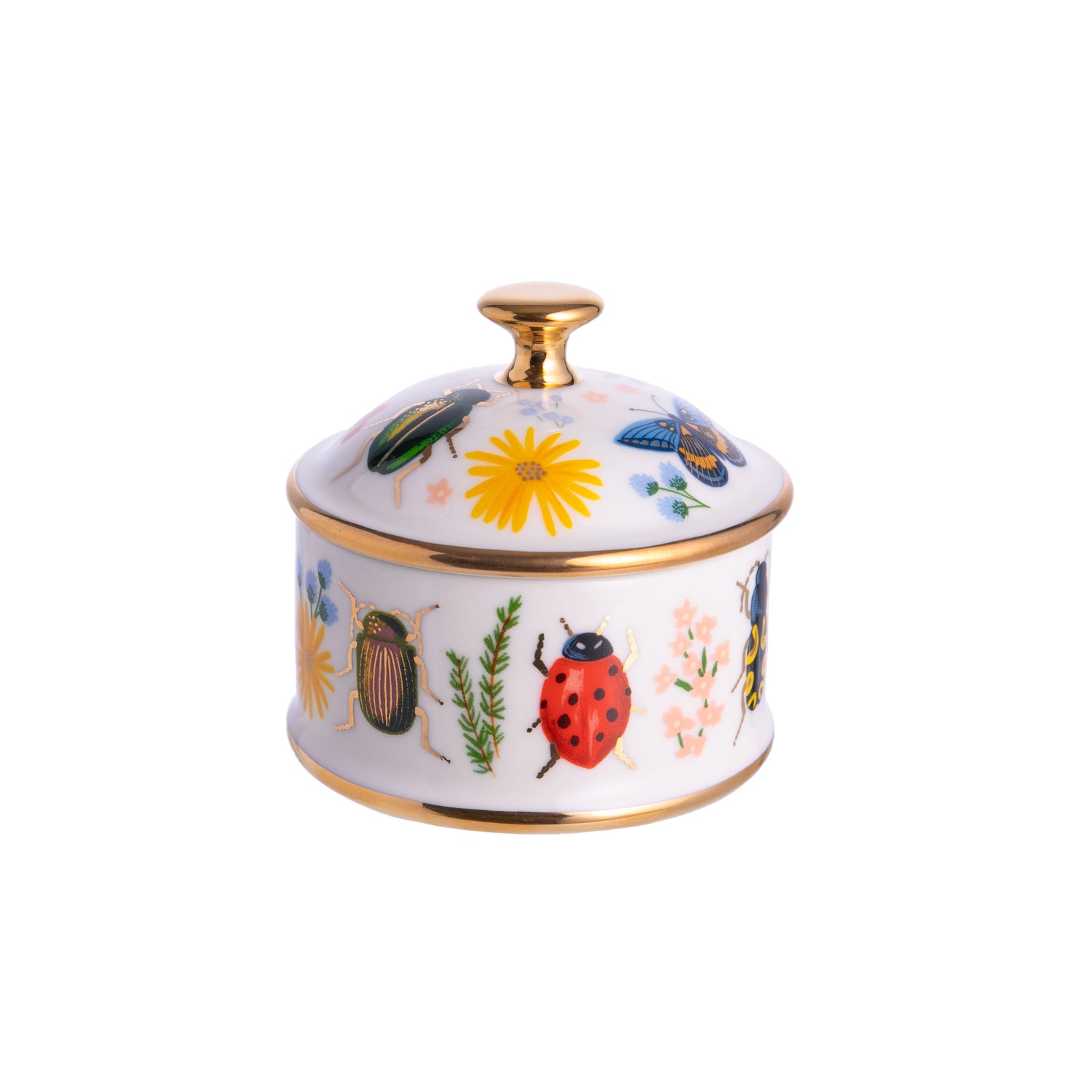 These bugs look like jewels on this round porcelain trinket box. With gilded edges and colorful bugs, this trinket box is perfect for smaller items, such as jewelry or change. Material: Porcelain, metallic gold foil Full-color illustration with metallic gold accents Hand wash Dimensions: 3.2" W × 3" L