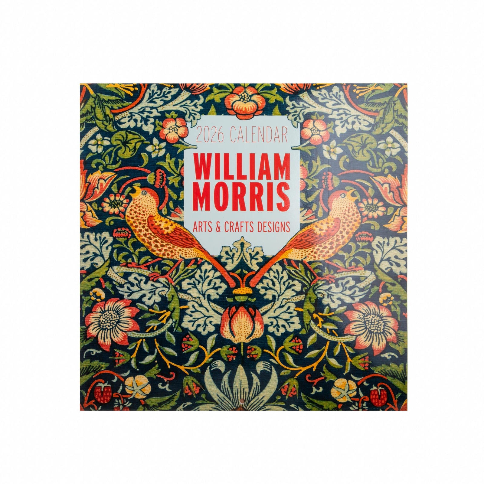 Calendars with William Morris design featuring birds and floral patterns on a white background