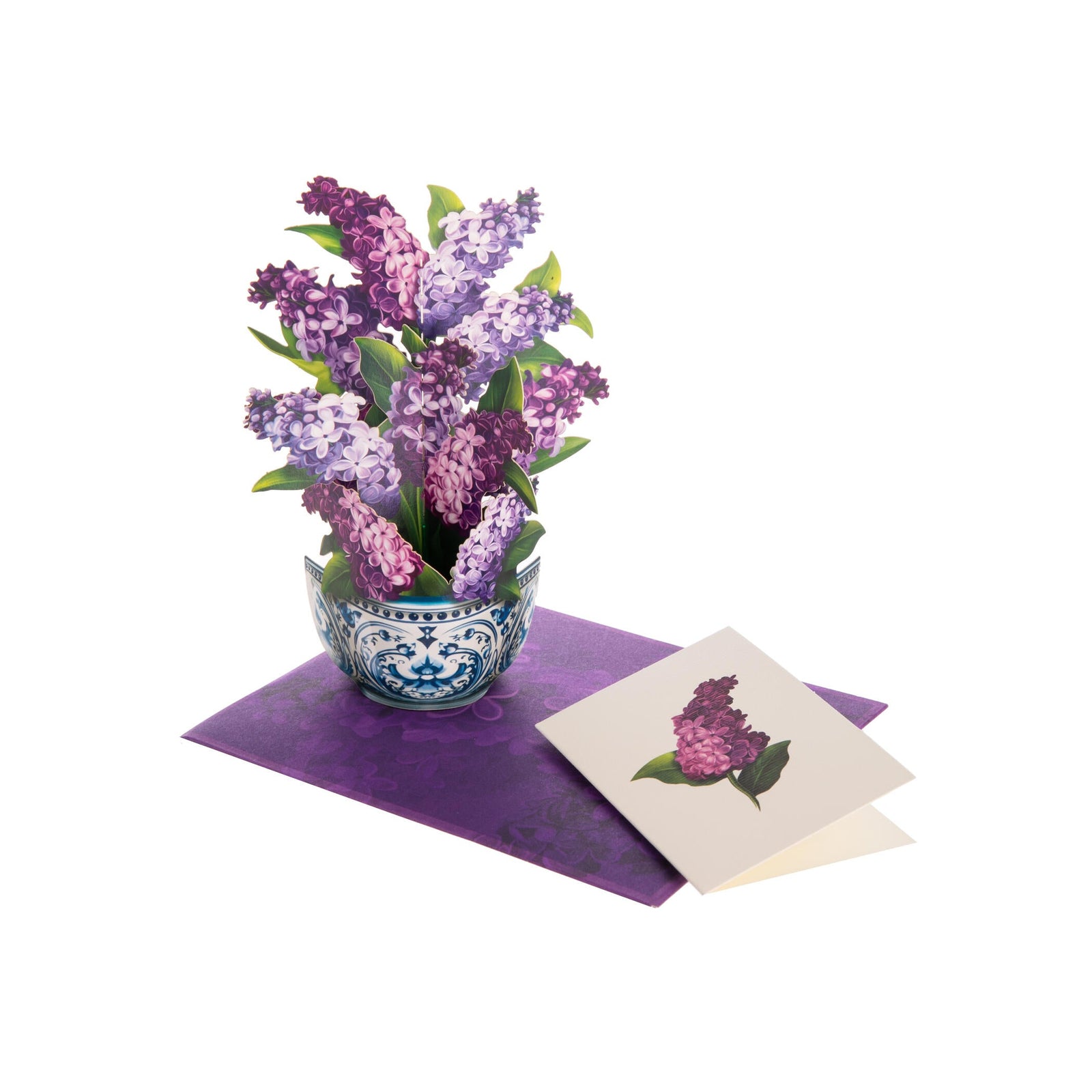 Bouquet paper pop-up lilac flowers in a decorative vase with matching card on a white background