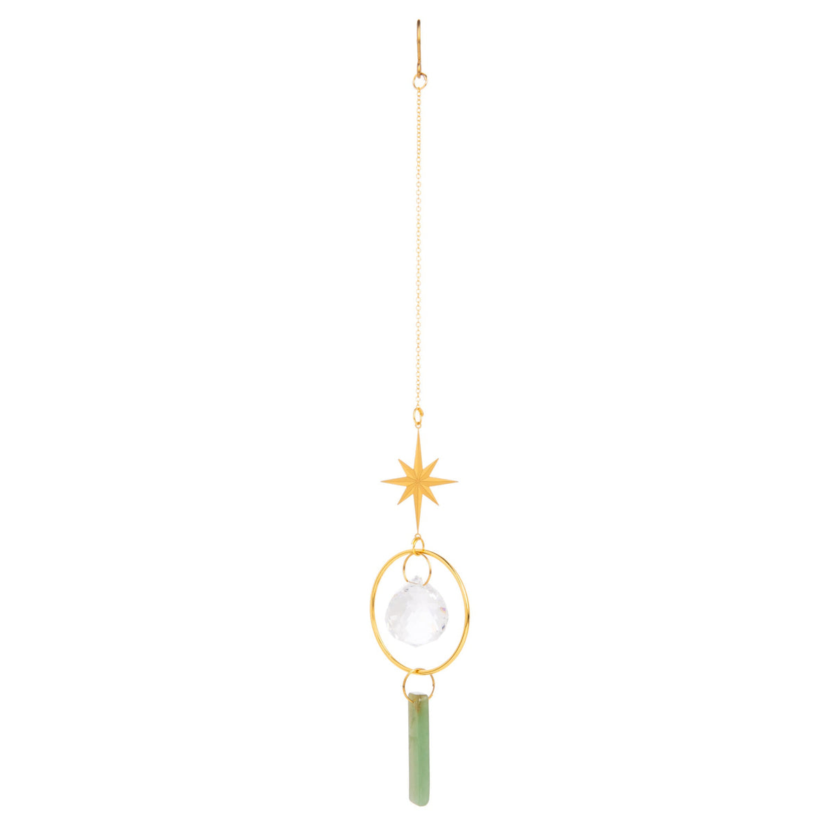 Decorative hanging ornament with star and green tassel on a white background