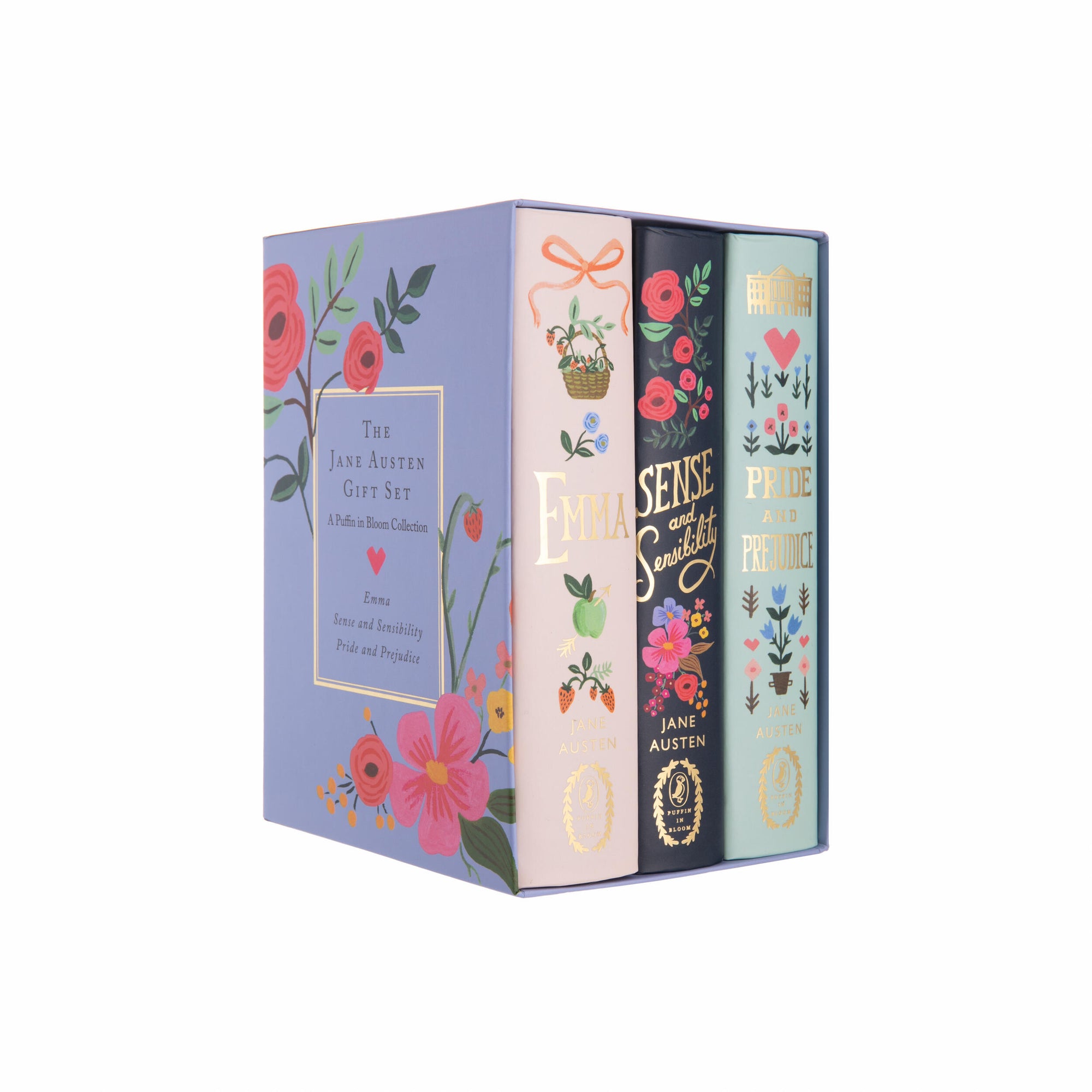 Decorative Jane Austen books with floral designs and text on a white background