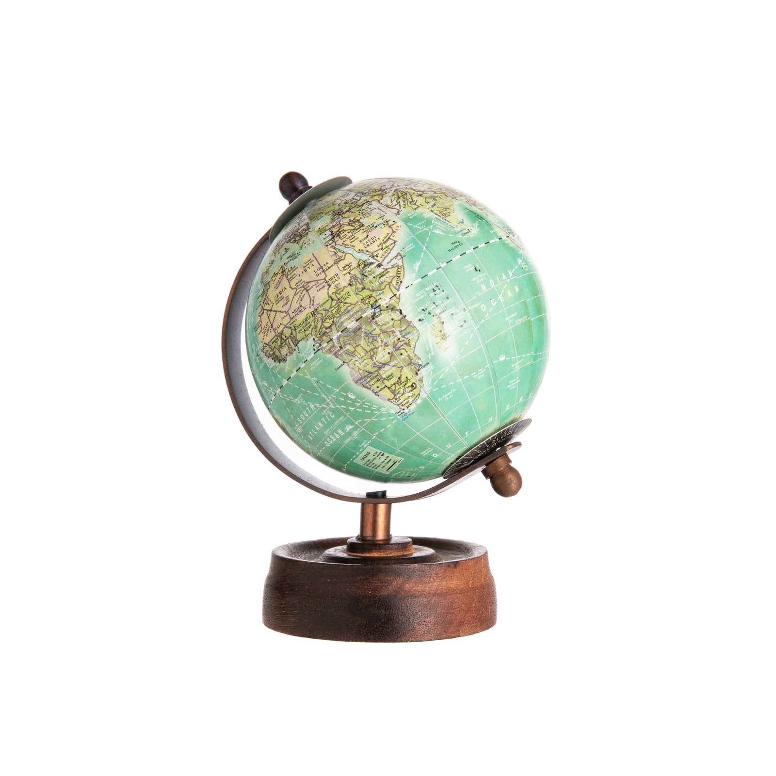 Explore the world at the tip of your fingers. Available in five colors, this Mini World Globe has a vintage aesthetic that will complement any shelf or desk.