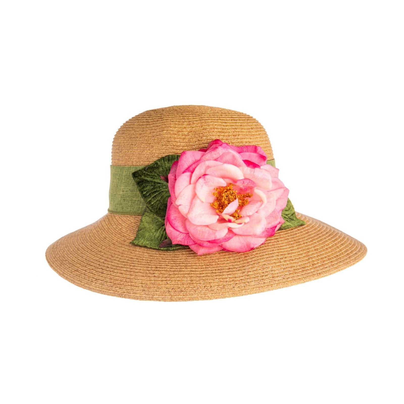 This elegant woven straw hat is perfect for both summer events and everyday sun protection. Made from a durable, breathable and packable paper straw, you can throw it into your beach bag or keep it in your car for whenever you need some extra stylish sun protection. This hat features a beautiful fuchsia pink rose, in pretty pastel hues of mint, buttermilk, and lavender, with an olive linen hatband.