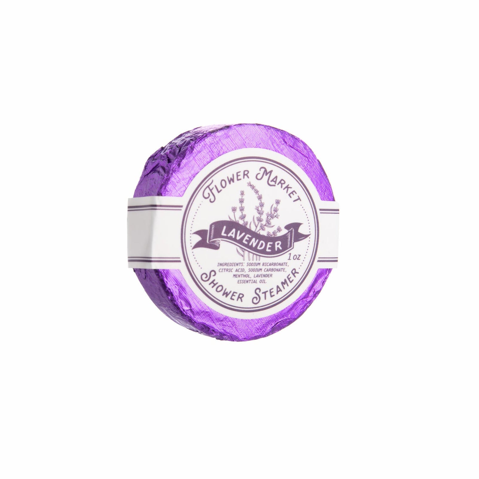 Purple lavender scented shower steamer with a label on a white background
