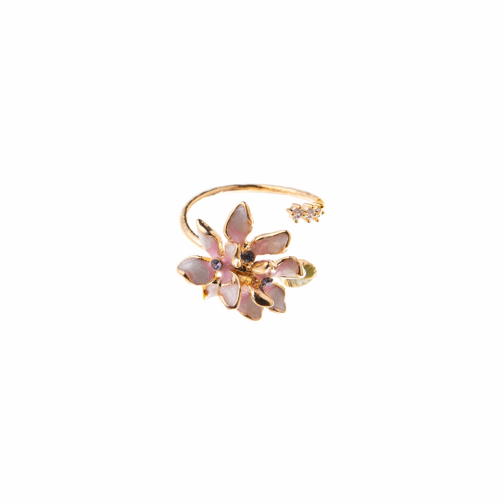 Gold ring with pink floral design on a white background