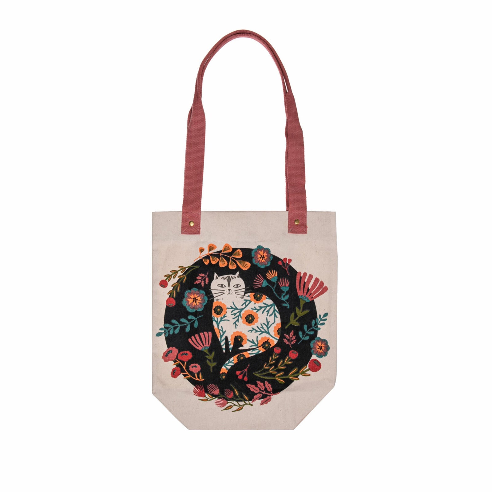 Feline in the mood for a fun tote? You're in the right place. This cute kitty is nestled contentedly amongst a field of beautiful blooms - no wonder it looks like the cat who got the cream! With sturdy, riveted handles, this is the perfect tote for books, beach days, markets and more. Dimensions: 15" x 13" Material: 100% cotton canvas