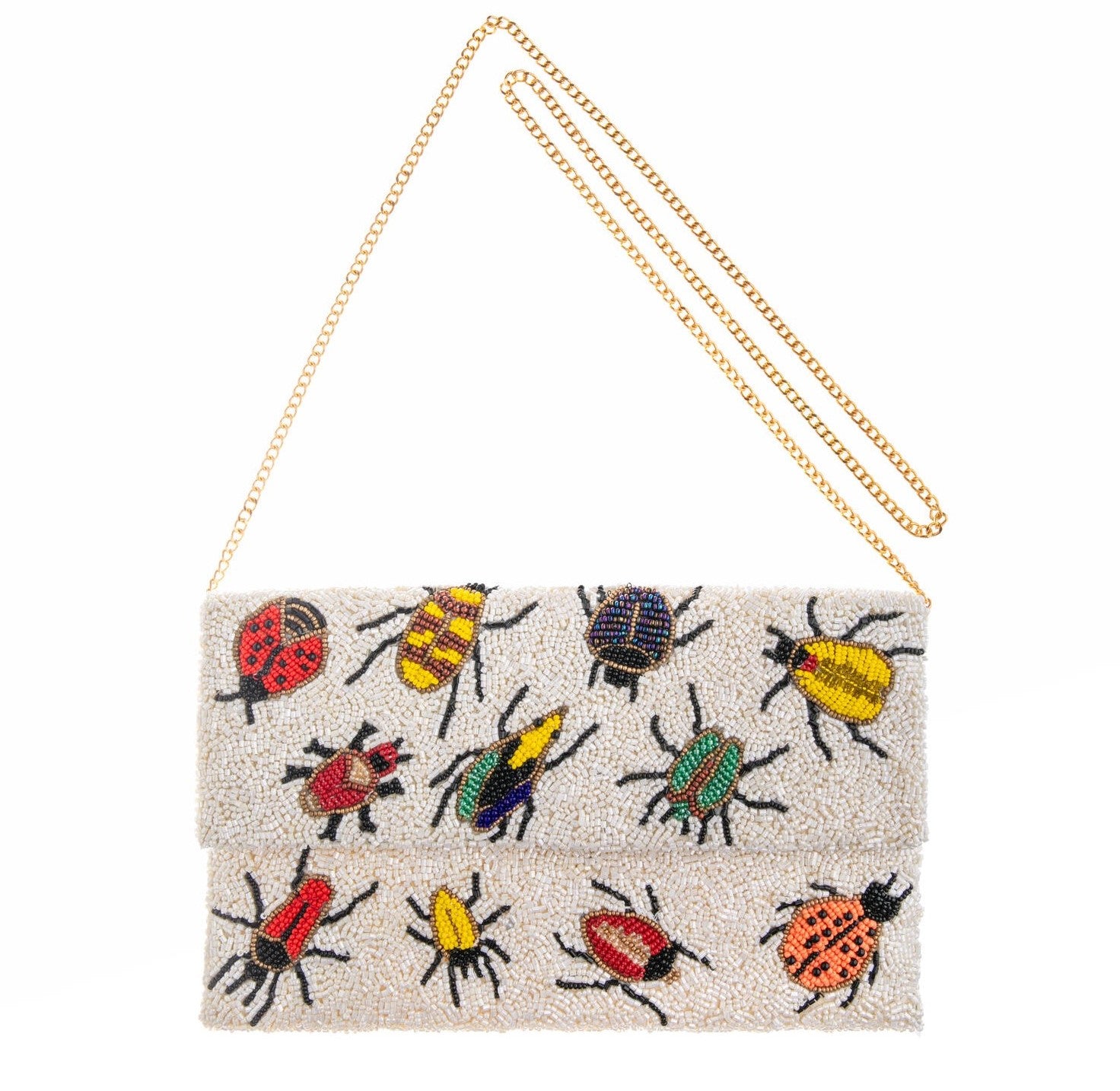 We don’t mean to bug you, but you may have found the perfect, showstopping, summer-event purse! This gloriously colorful purse is adorned with the prettiest jewel-like bugs, crafted from thousands of tiny beads, all meticulously applied by hand.
