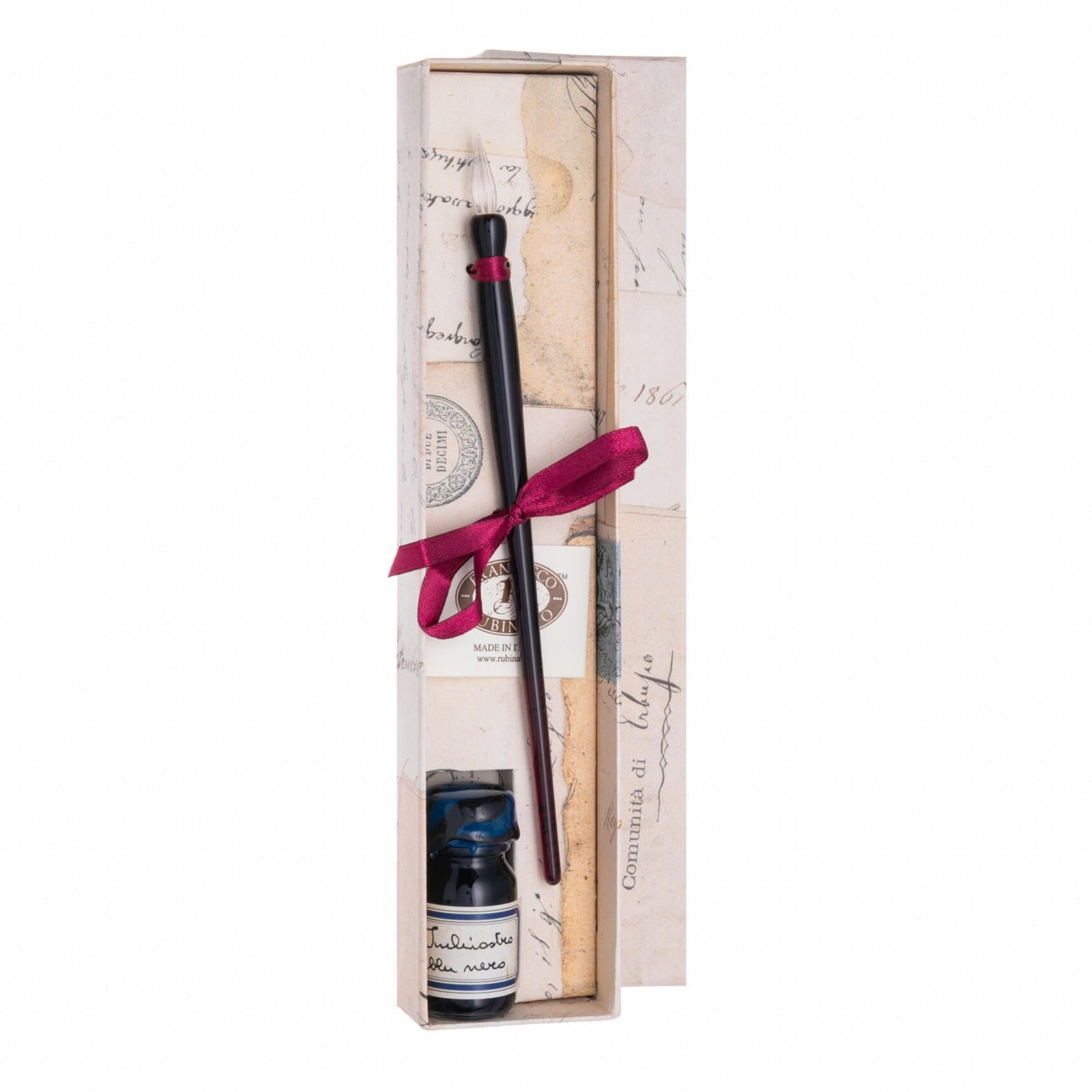 Pen and ink bottle set in a decorative box with a pink ribbon on a white background