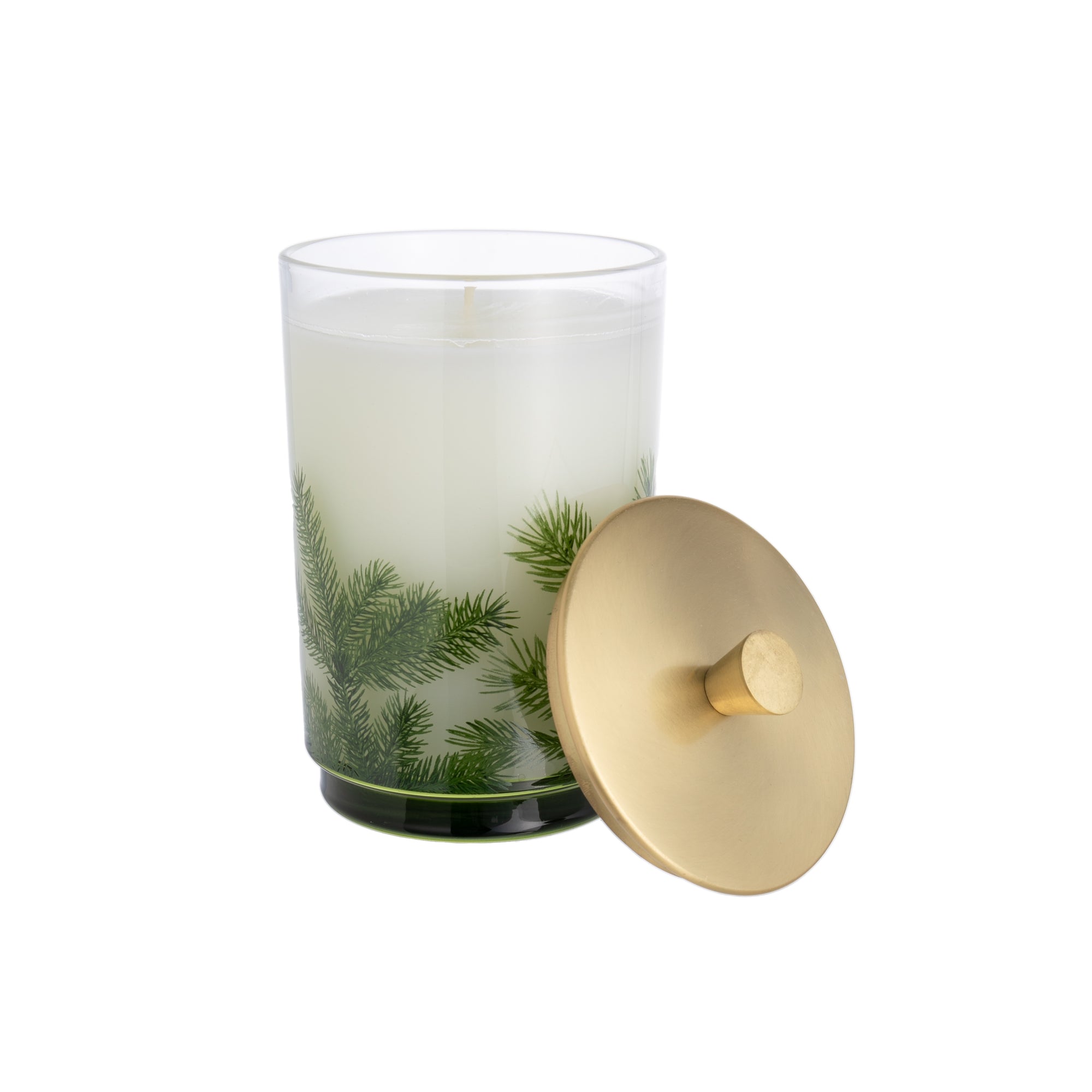 Decorate your home with the classic design of this large pine needle luminary. The iconic pine needle design is topped off with a sleek gold lid bringing to life this fresh and crisp, quintessential holiday fragrance. Aromatic candle in a decorated glass vessel with lid Dimensions: 6.5" x 3.5". 16 oz.