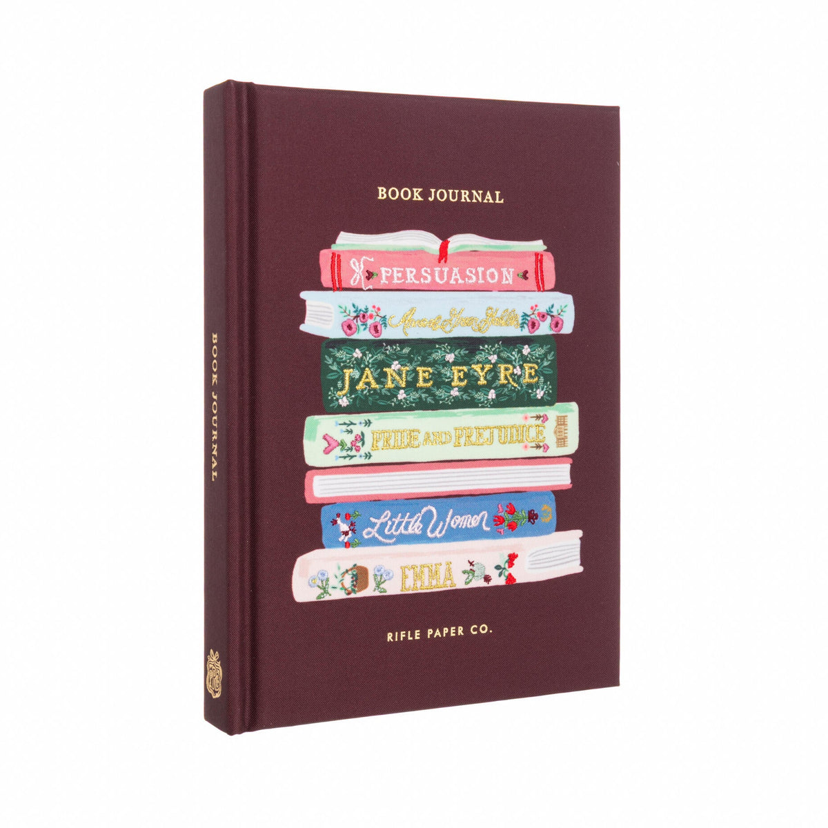 Maroon book journal with book illustrations on a white background