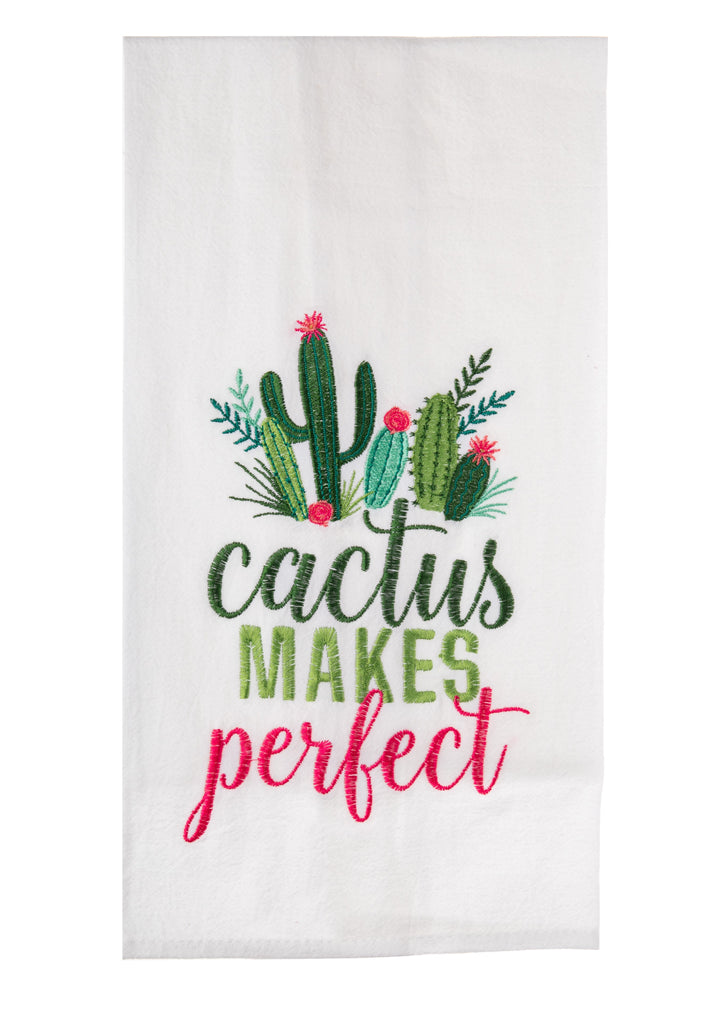 Treasure the desert with this Cactus Makes Perfect kitchen towel. With embroidered detail, the pinks and greens are reminiscent of those gorgeous and iconic cacti. Would make a great housewarming gift too. Dimensions: 27" L x 18" W. Material: 100% Cotton