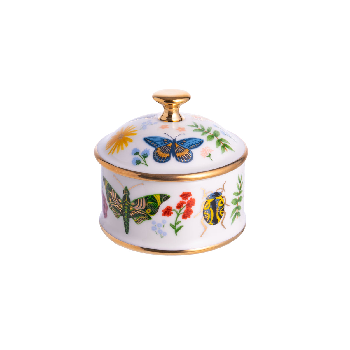 These bugs look like jewels on this round porcelain trinket box. With gilded edges and colorful bugs, this trinket box is perfect for smaller items, such as jewelry or change. Material: Porcelain, metallic gold foil Full-color illustration with metallic gold accents Hand wash Dimensions: 3.2&quot; W × 3&quot; L