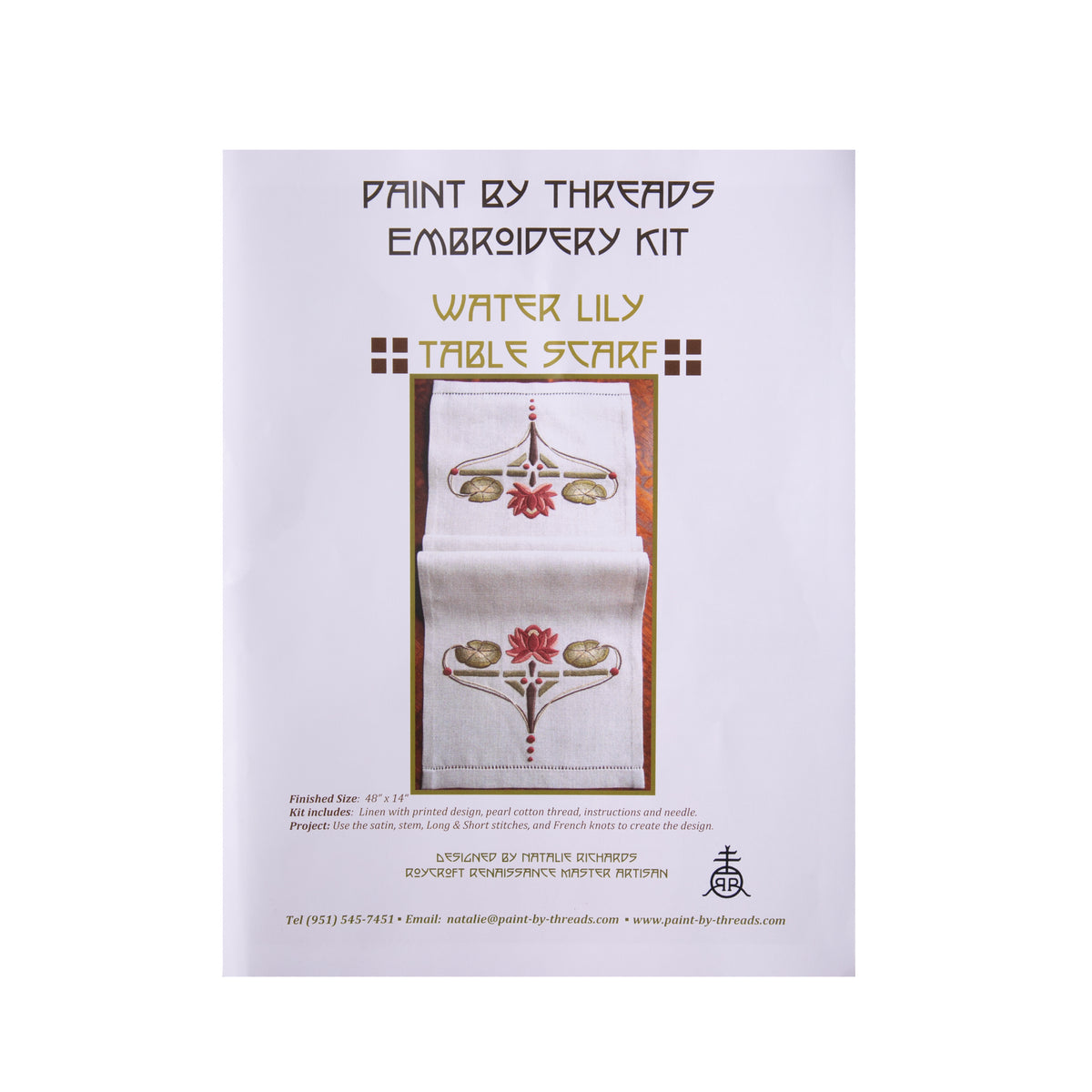 This Arts &amp; Crafts style embroidery kit includes materials to create a table scarf featuring water lilies. The base is natural colored linen printed with the design. Worked in pearl cotton threads are included to give a multi-dimensional finish. Materials: Linen, cotton Finished Dimensions: 48&quot; x 14&quot;