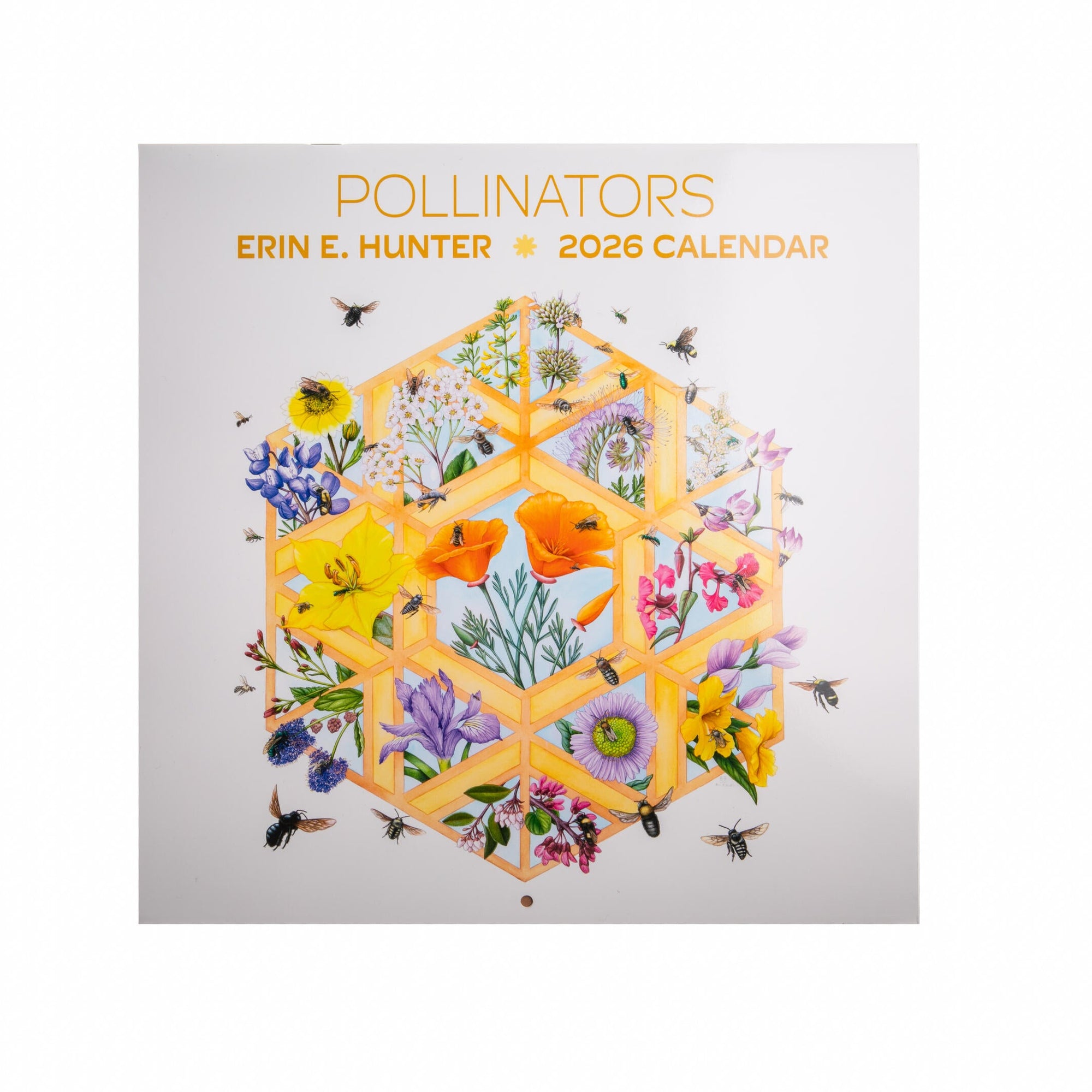 2026 calendar cover with floral design and bee illustrations on a light gray background