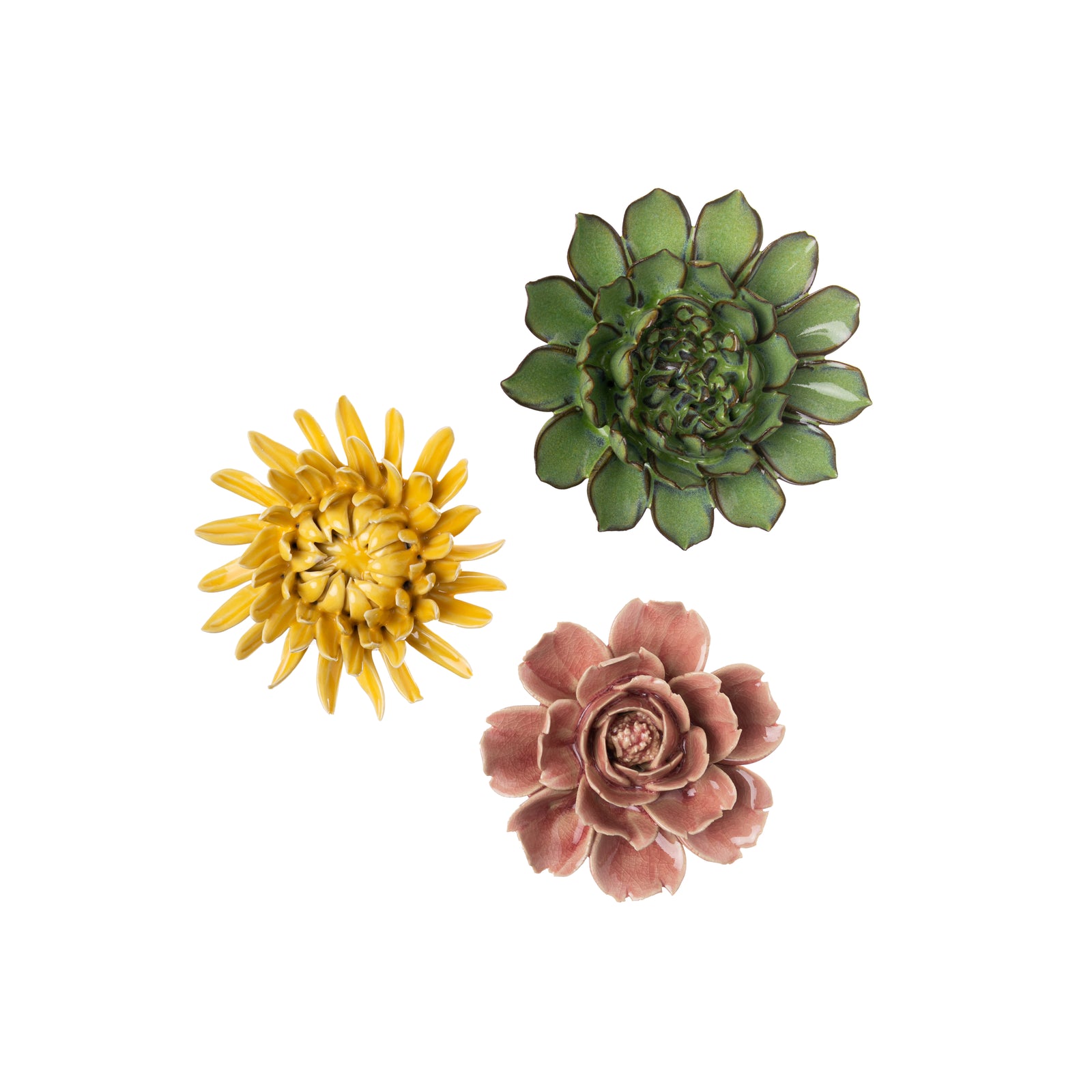 This absolutely stunning set of three ceramic flowers makes the perfect addition to your home decor. In green, yellow, and pink, the flowers have a glaze finish and look utterly realistic. Contains 3 ceramic flowers. Dimensions: 3.2" - 4.5" Diameter range of flowers Keyhole on back for hanging.