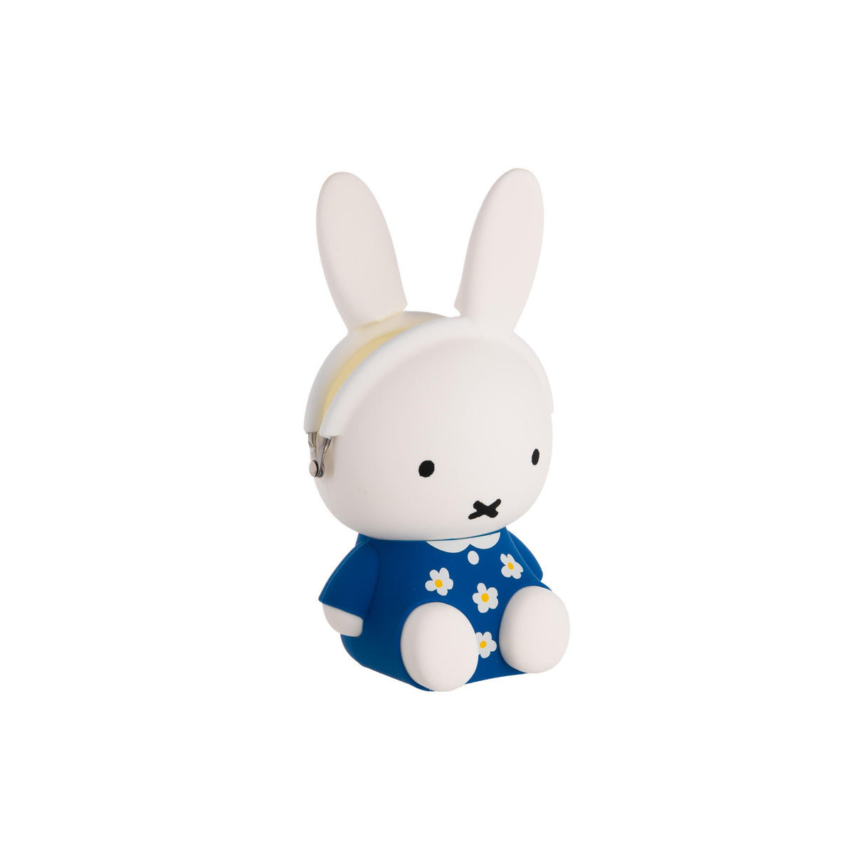 White rabbit plush toy with a blue dress on a white background