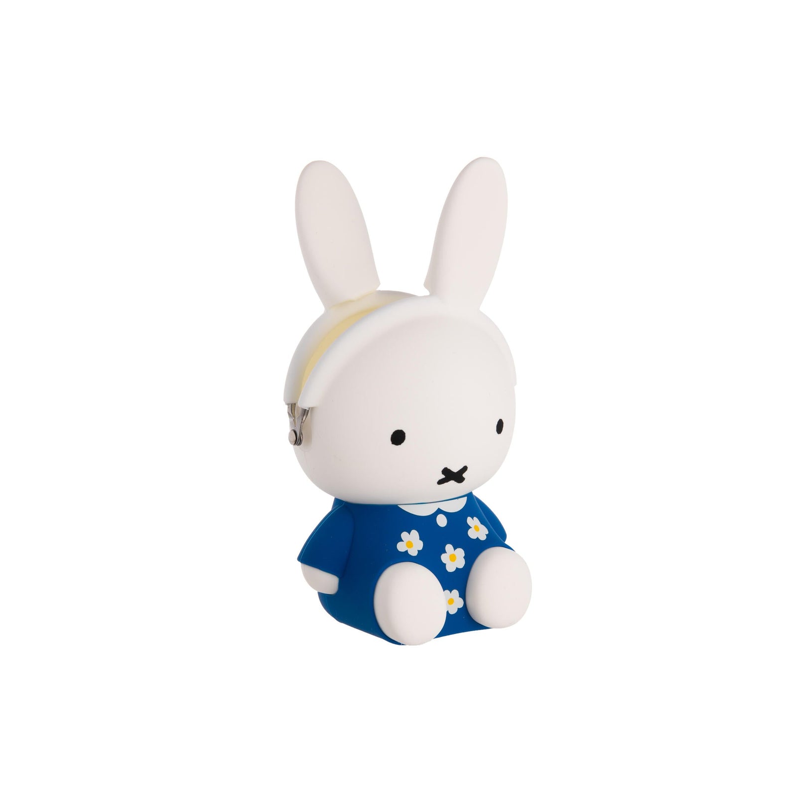 White rabbit plush toy with a blue dress on a white background