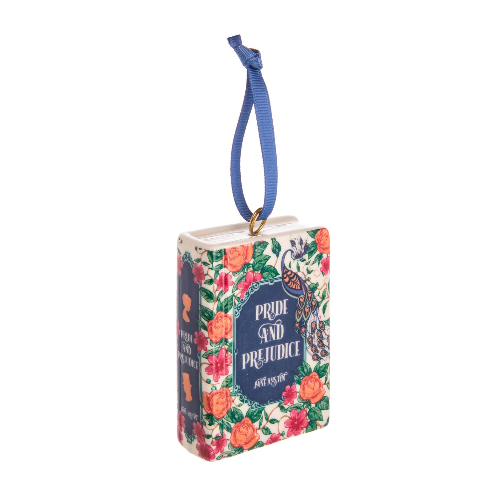 Floral-patterned book-shaped ceramic ornament with 'Pride and Prejudice' on a white background