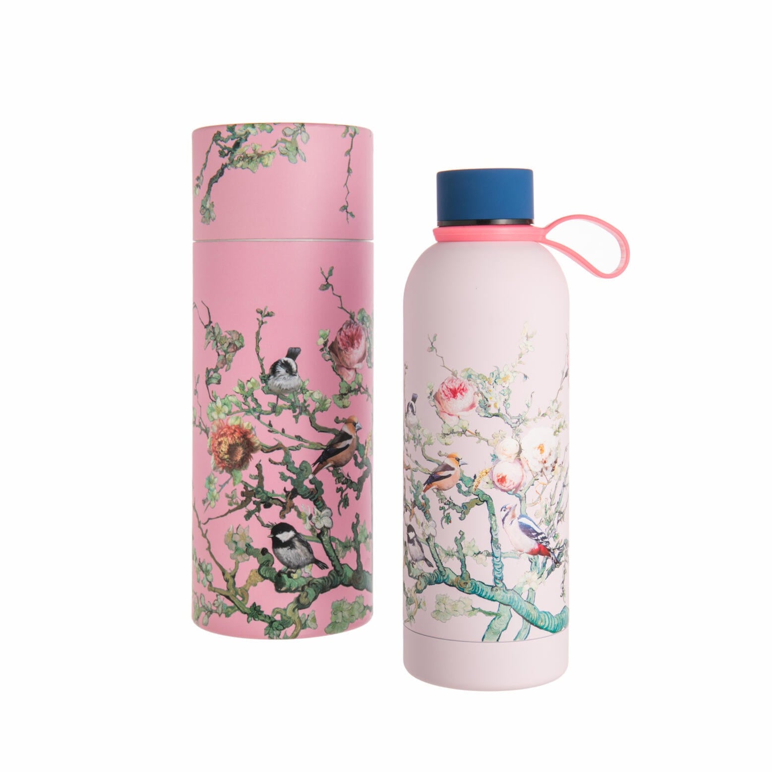 This delightful pale pink thermos bottle is decorated with a painting of colorful birds playing between the branches. This special bottle is made of high-quality stainless steel, making it not only stylish but also durable and environmentally friendly. The double-walled insulation keeps your drinks cold for up to 24 hours and hot for 12 hours