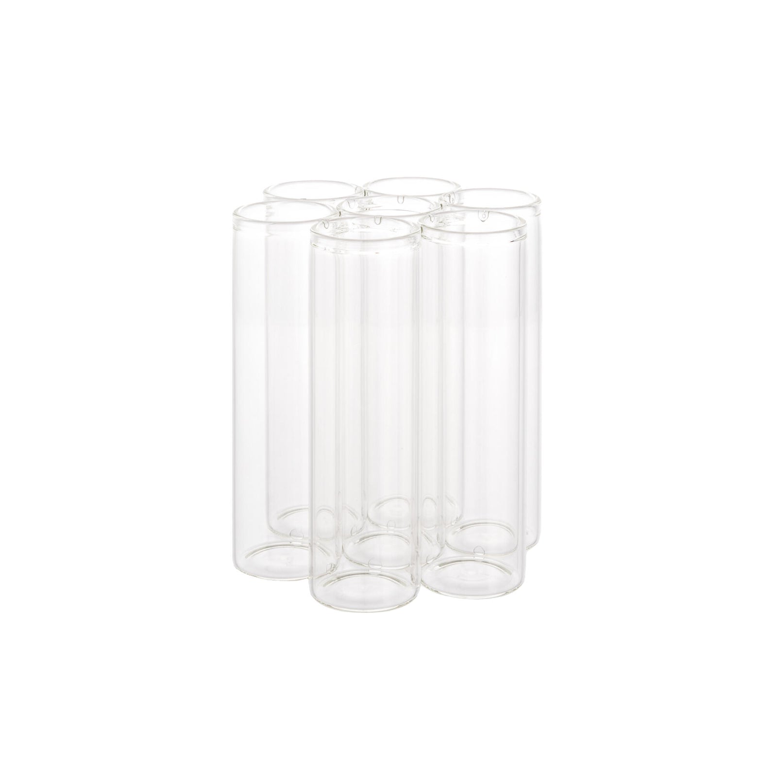 Bouquet of colorful flowers in clear glass vases on a white background