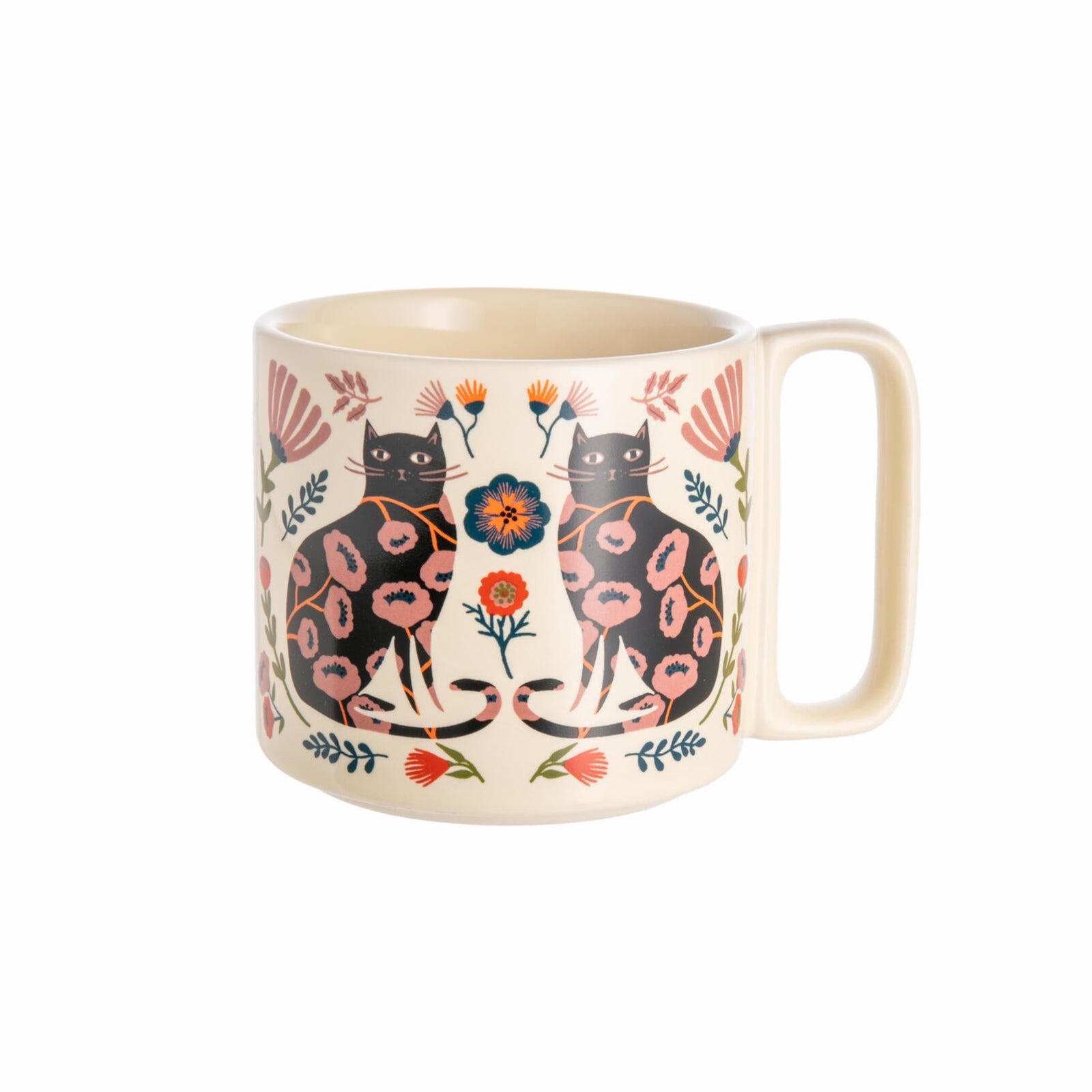 Love cats and flowers? Then this is the mug for you! This adorable contemporary print features cute kitties and beautiful blooms on a glossy ivory base. It has a comfortable, square-shaped handle. Dimensions: Diameter 3." x 3.12" height Material: 100% Stoneware Care Instructions: Dishwasher and microwave safe. Capacity: 11 oz