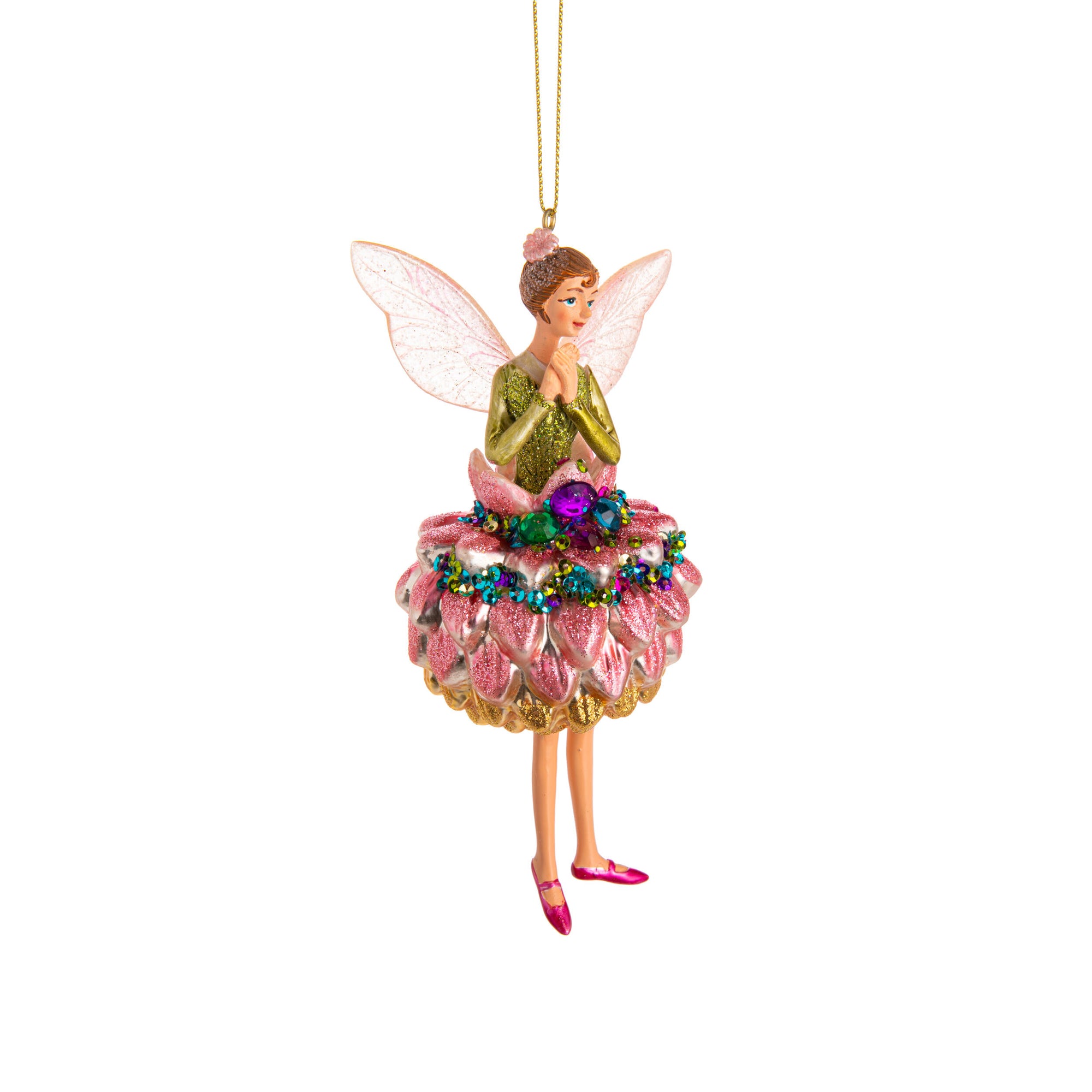 Decorative fairy ornament with a pink dress and wings, holding flowers, on a white background.