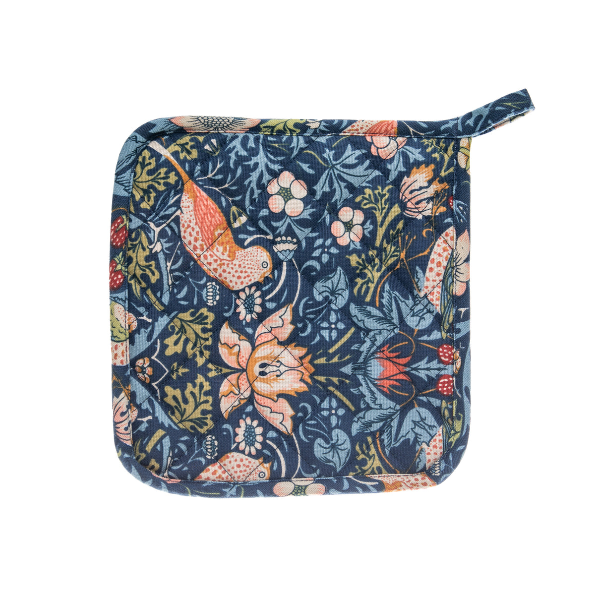 A square fabric pot holder with a navy blue background and a detailed William Morris Strawberry Thief botanical and bird pattern in orange, pink, green, and cream, featuring a matching fabric wrist loop.
