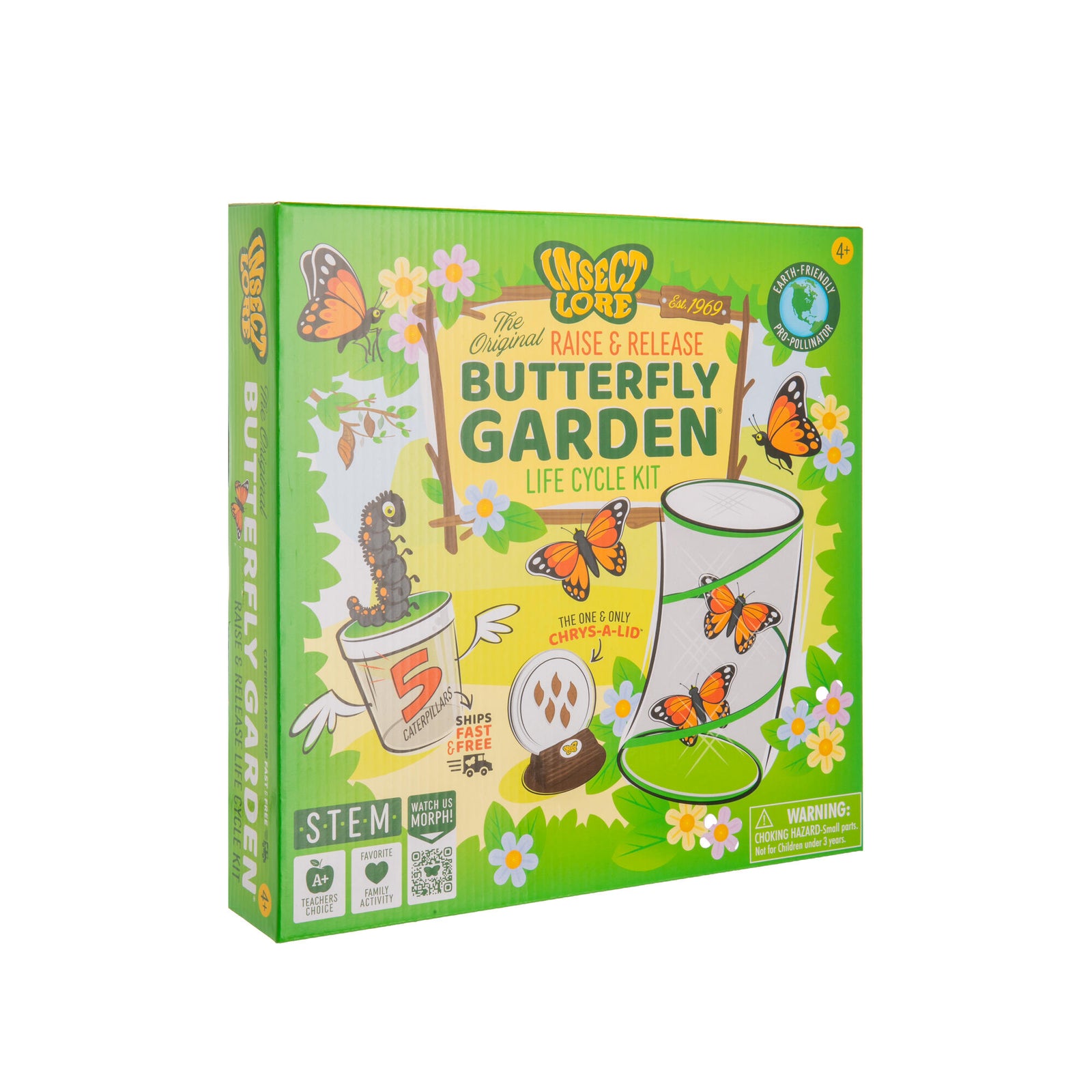 Butterfly garden life cycle kit packaging with illustrations of butterflies and plants on a green background.