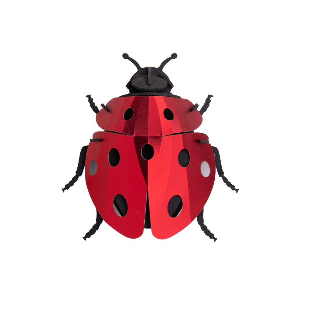 Create a decor piece with this 3D red ladybug. The colors and satin metallic finish mimic the insect’s colors. Your art piece can be displayed as is, or you can mount it in a shadow-box frame. Kit contains: 1 black template for the body 1 red template for the shield A paper stand Dimensions: approx. 3" x 3" x 1.5"