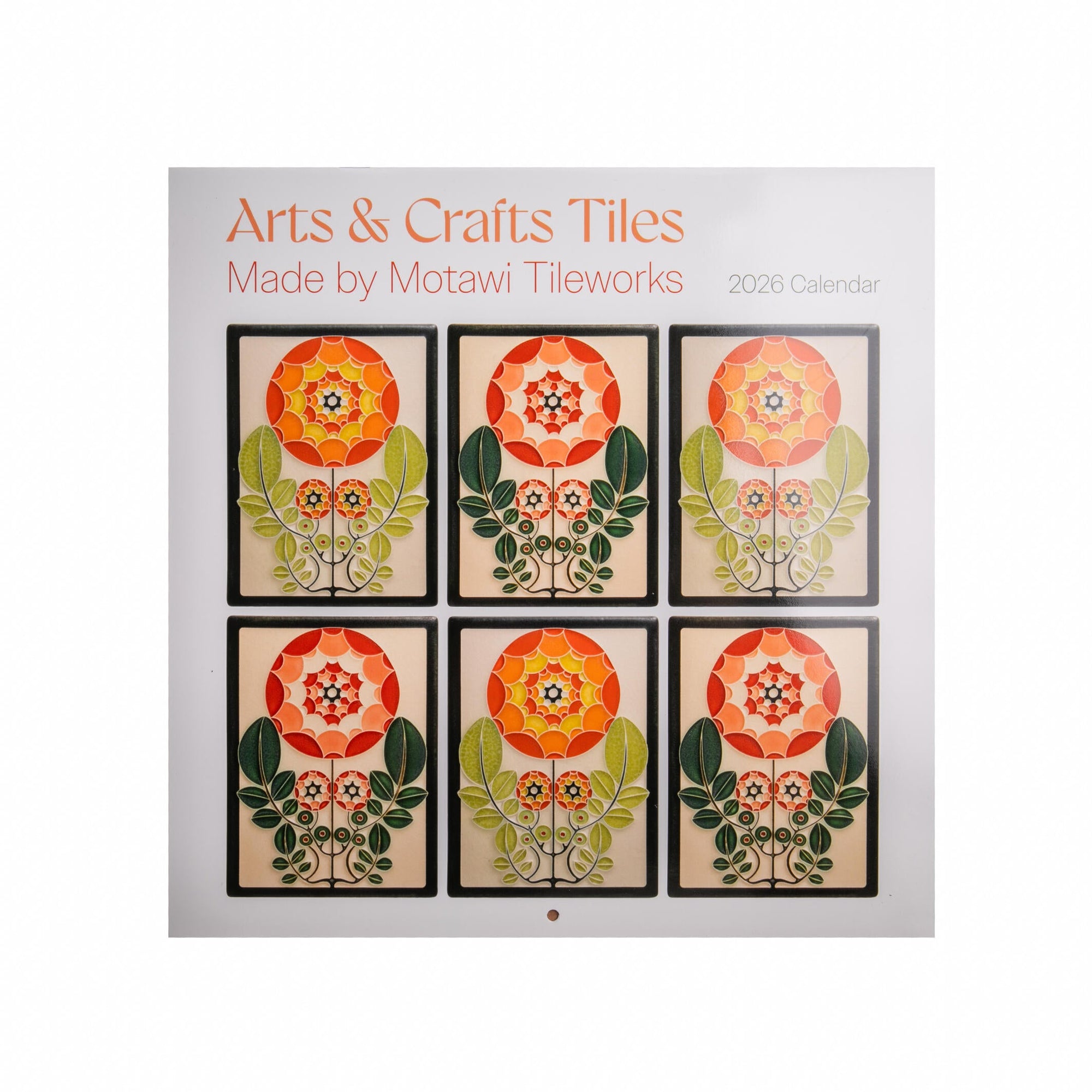 Calendar cover with floral tile designs and 'Arts & Crafts Tiles Made by Motawi Tileworks' text.