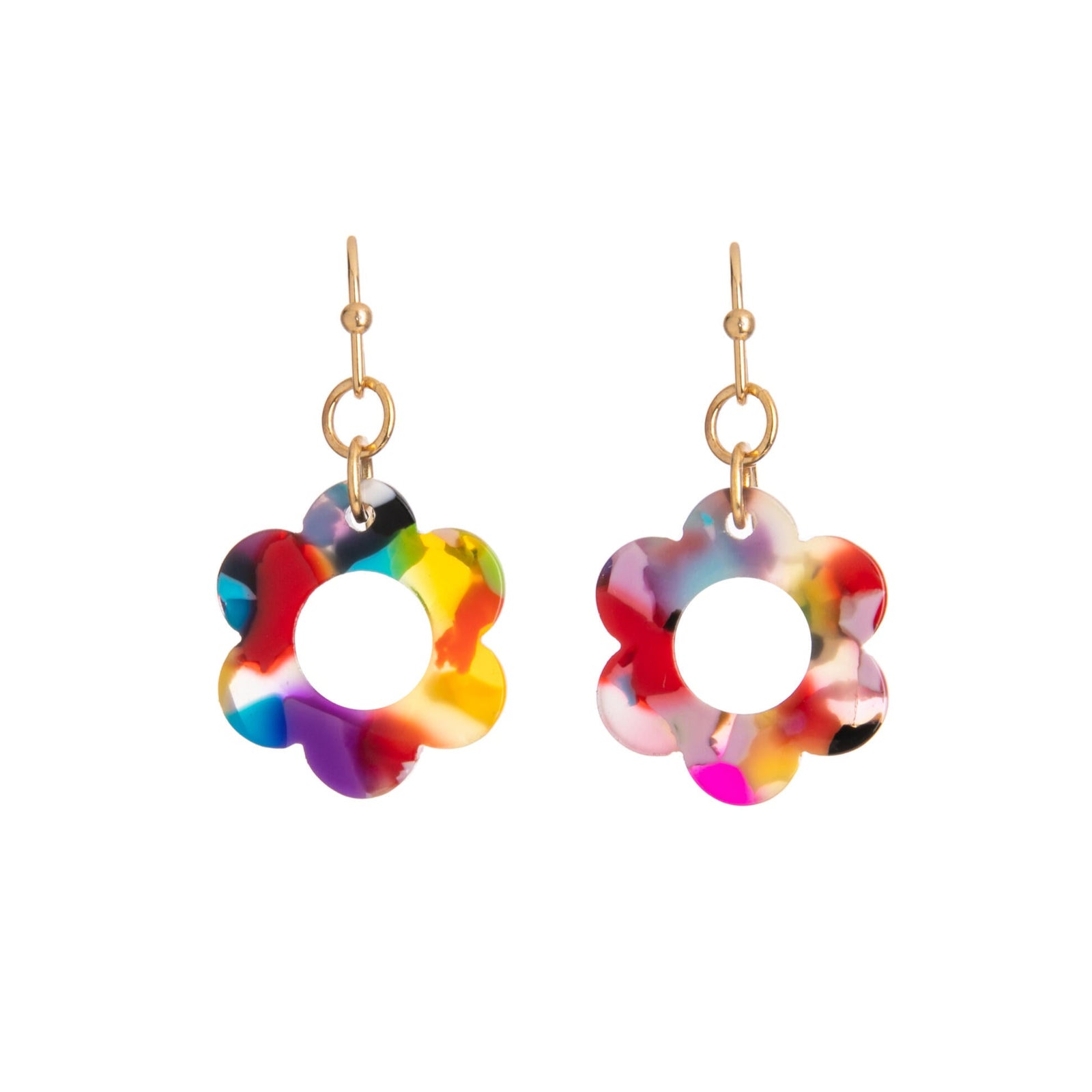 Colorful flower-shaped earrings on a white background