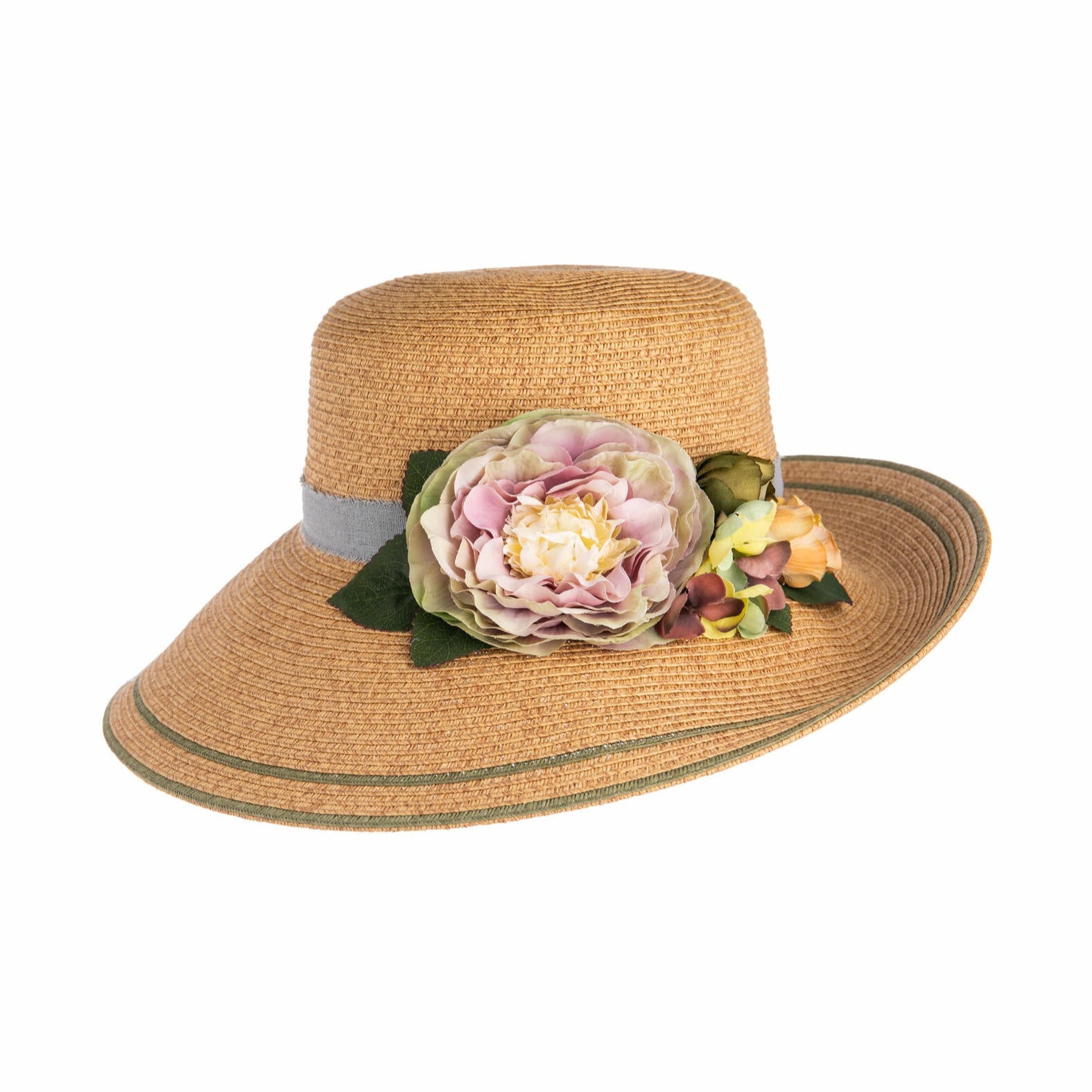 This elegant woven straw hat is perfect for garden strolls, beach days, and summer events. Made from a durable, breathable and packable paper straw, you can throw it into your beach bag or keep in your car for whenever you need some extra stylish sun protection. This hat features a beautiful cabbage rose in pretty pastel hues of mint, buttermilk, and lavender. It has a dove-grey hatband and contrasting sage green stripes around the edge of the brim.