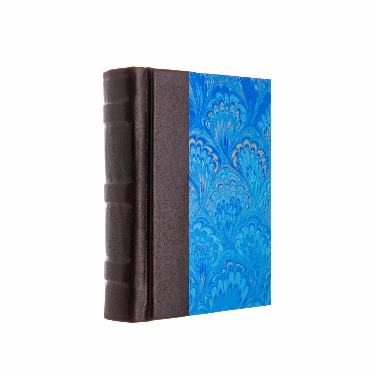 Notebook with blue marbled cover and brown leather binding on a white background