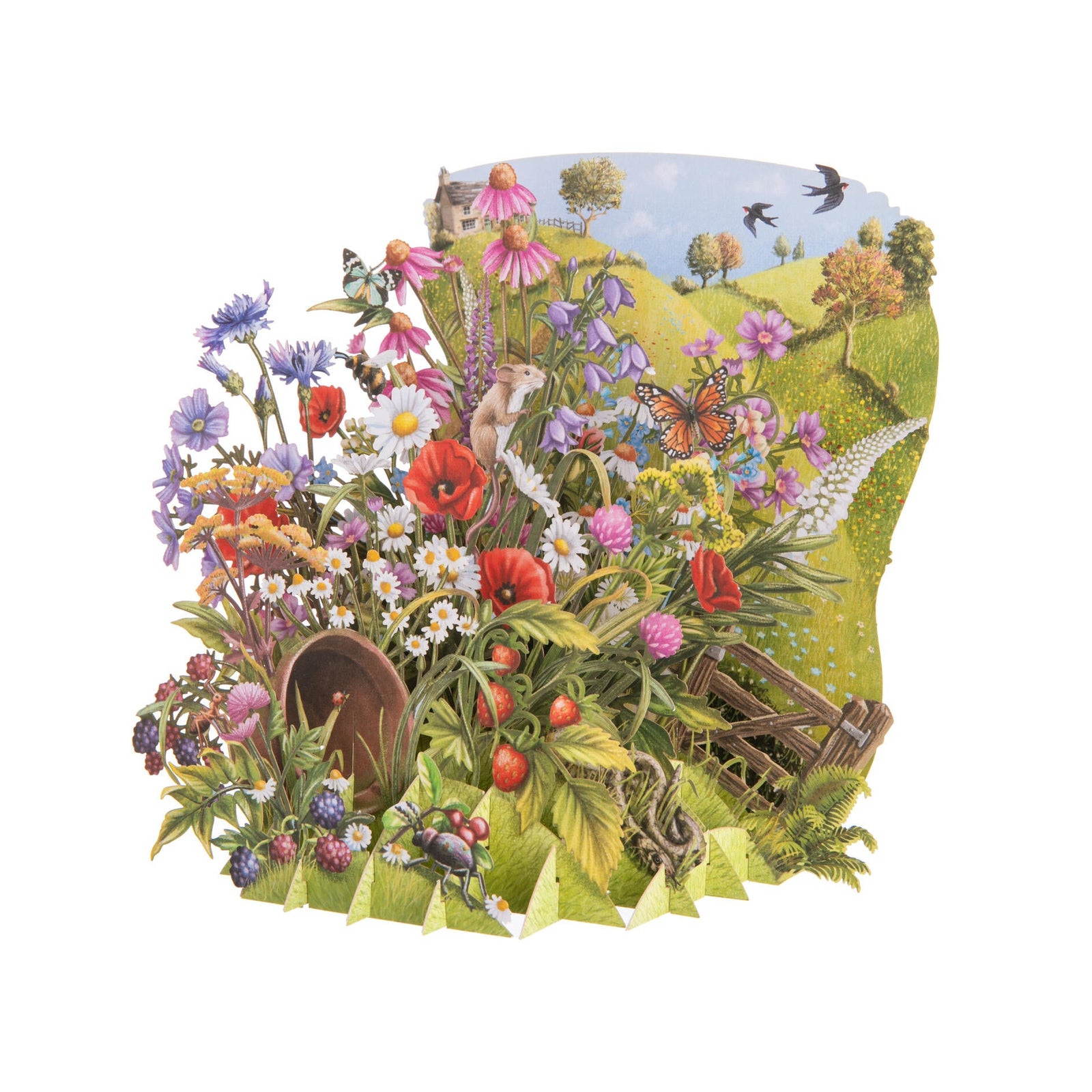 Colorful nature-themed pop-up card with floral wildflower design on a white background