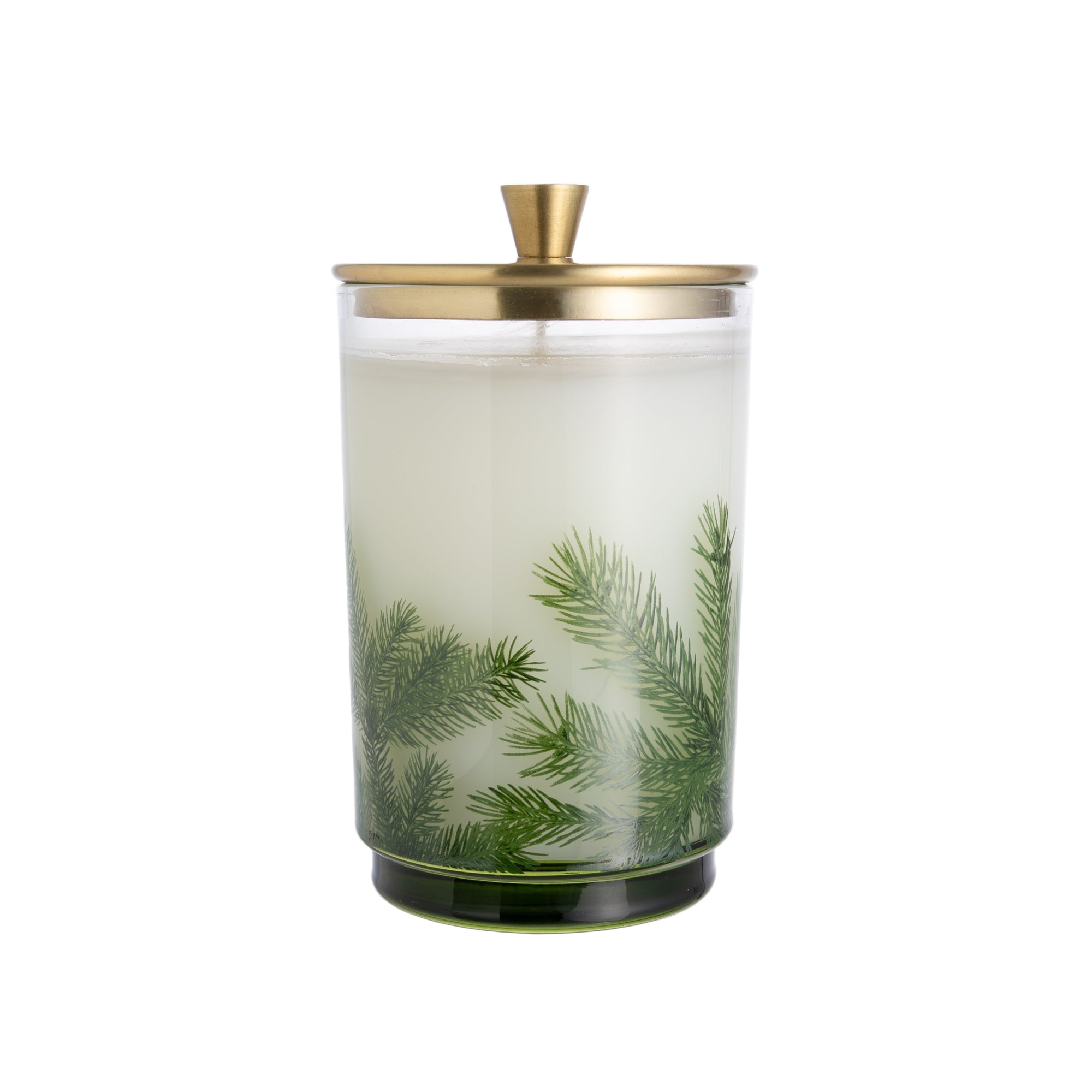 Decorate your home with the classic design of this large pine needle luminary. The iconic pine needle design is topped off with a sleek gold lid bringing to life this fresh and crisp, quintessential holiday fragrance. Aromatic candle in a decorated glass vessel with lid Dimensions: 6.5" x 3.5". 16 oz.