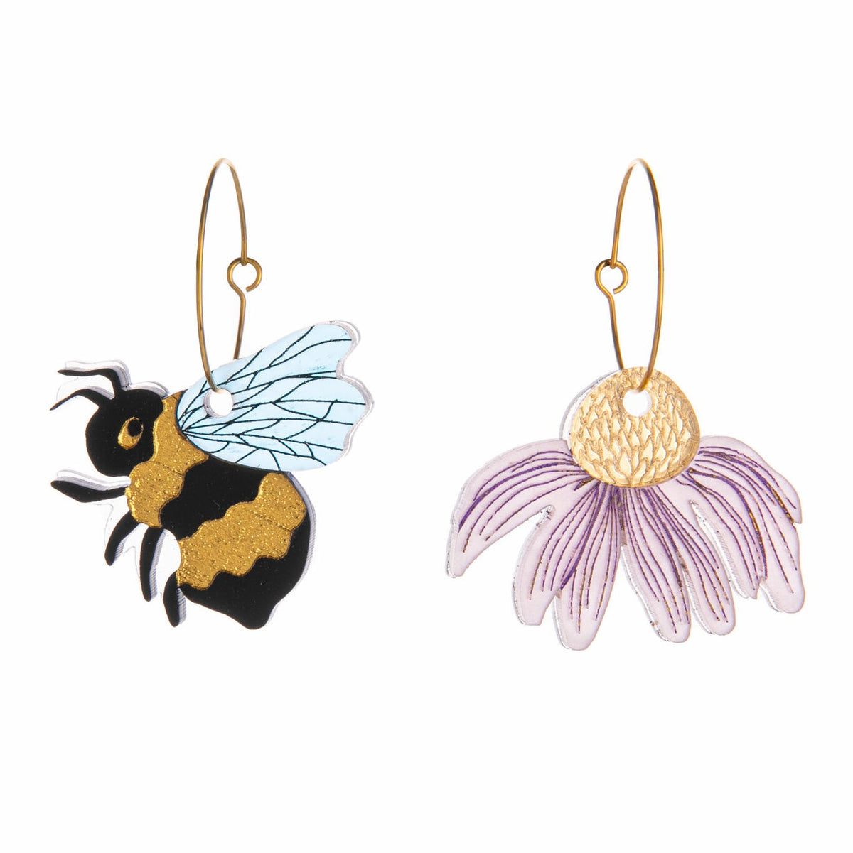 Finish off your look with earrings that are truly the bees’ knees! These lightweight and fun earrings are made from laser-etched acrylic with hand-painted details, giving them a three-dimensional effect. The hoops are made from 18k gold-plated stainless steel, making them safe and comfortable to wear