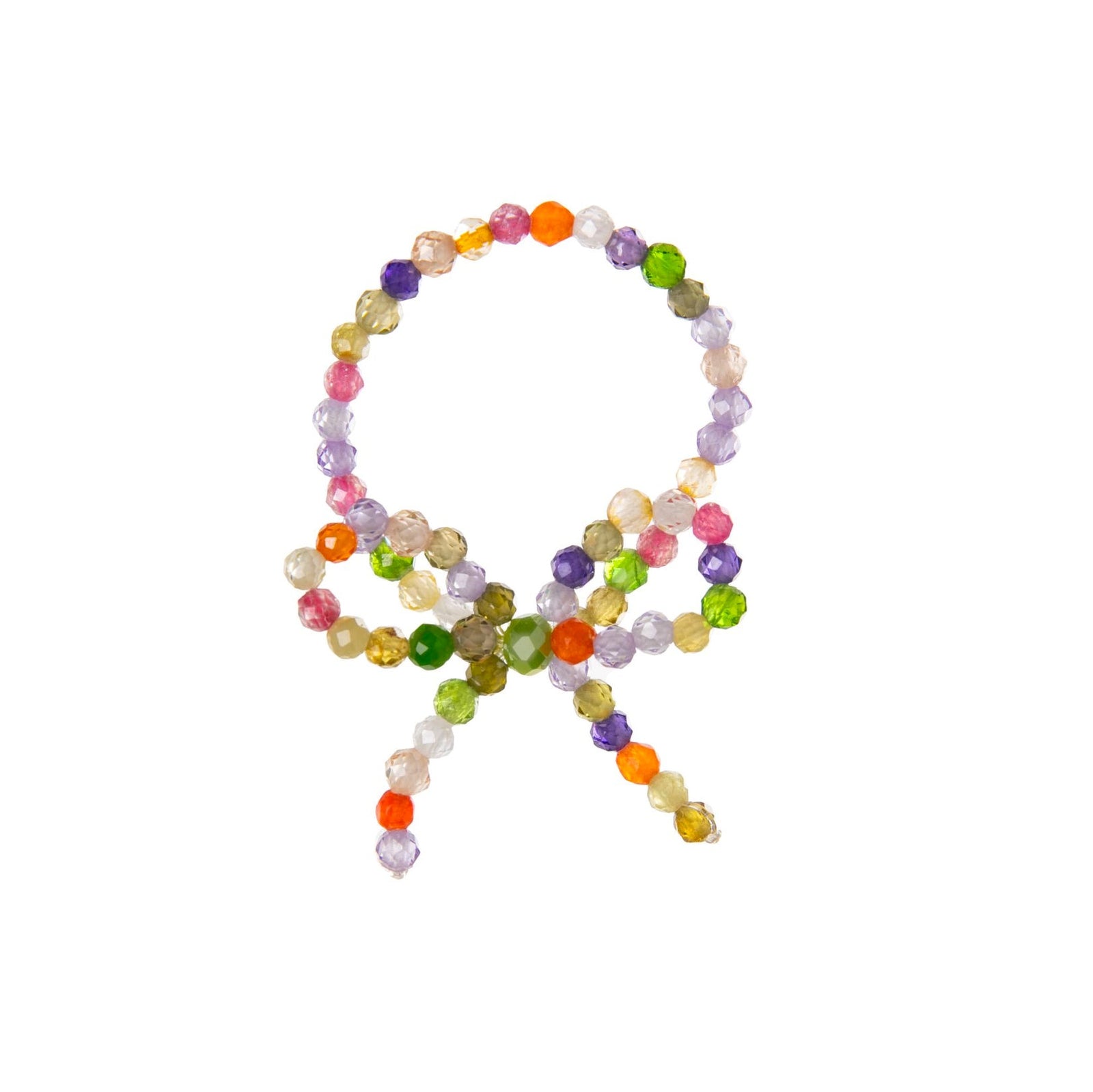 Colorful beaded ring with a bow detail on a white background