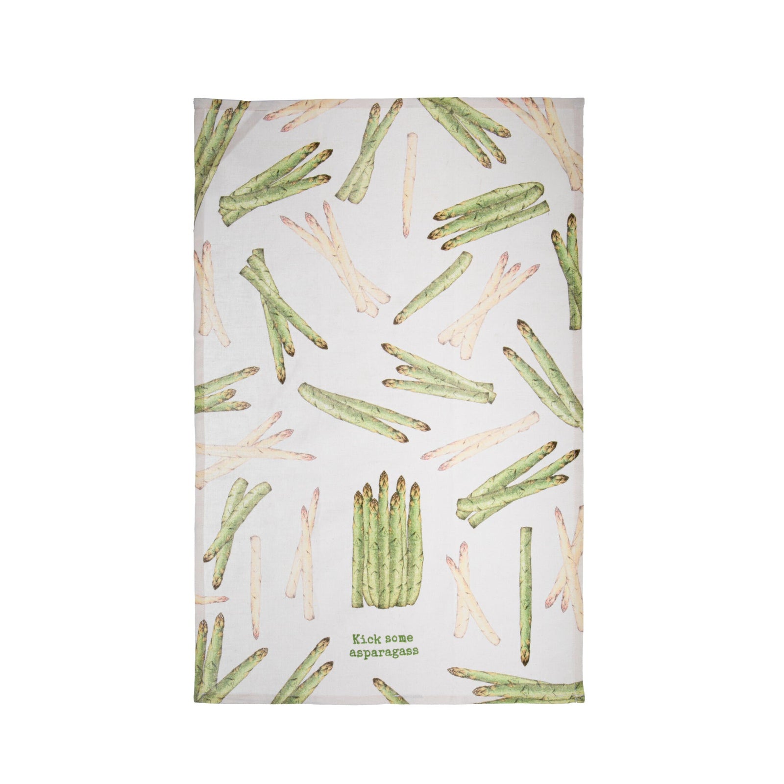 Cotton-linen blend, embroidered "Kick Some Asparagass" sentiment, cotton tape loop for easy hanging. Perfect for adding a playful touch to your kitchen.