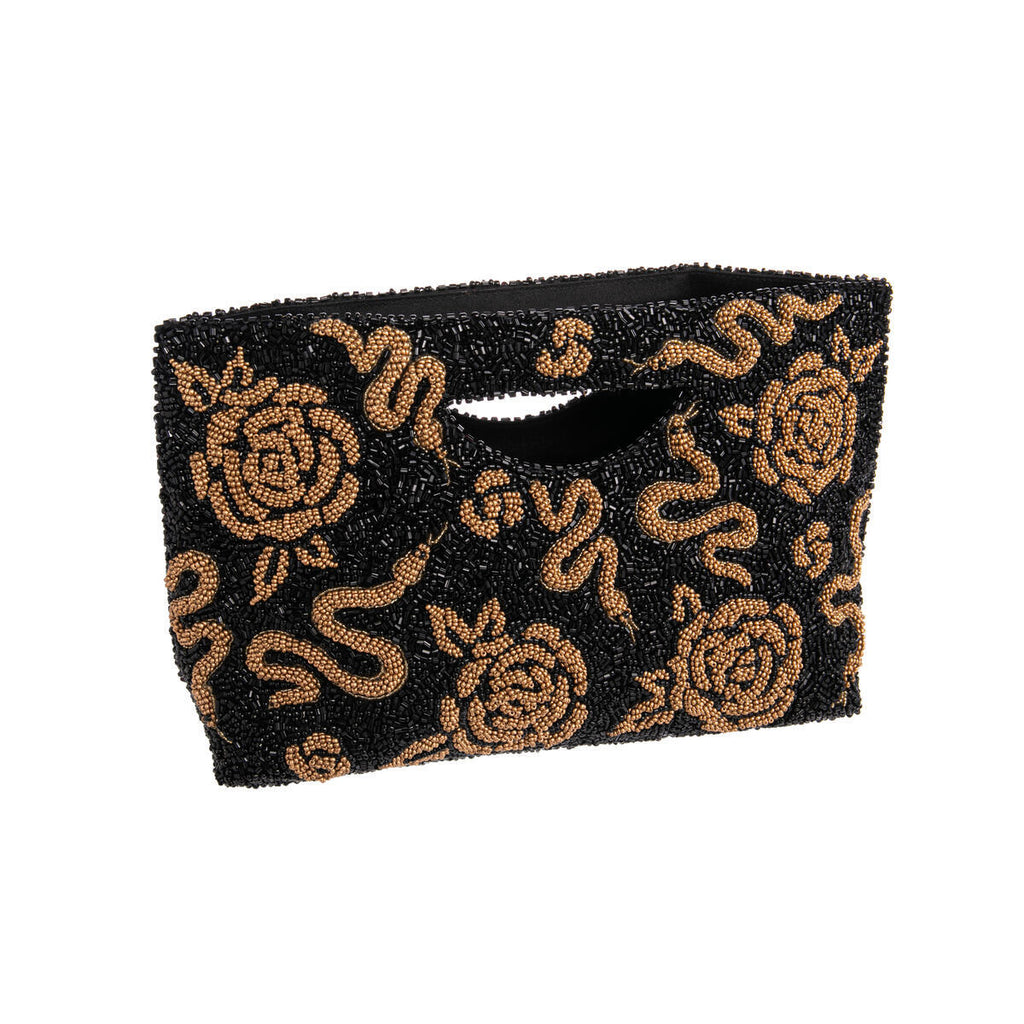 Elevate your style with our Year of the Snake Beaded Clutch. This stunning bag features intricate snake designs, a small interior pocket, and satin lining.