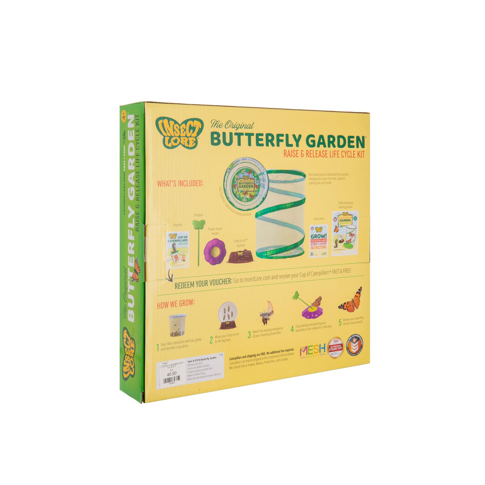 Butterfly garden life cycle kit packaging with illustrations of butterflies and plants on a green background.