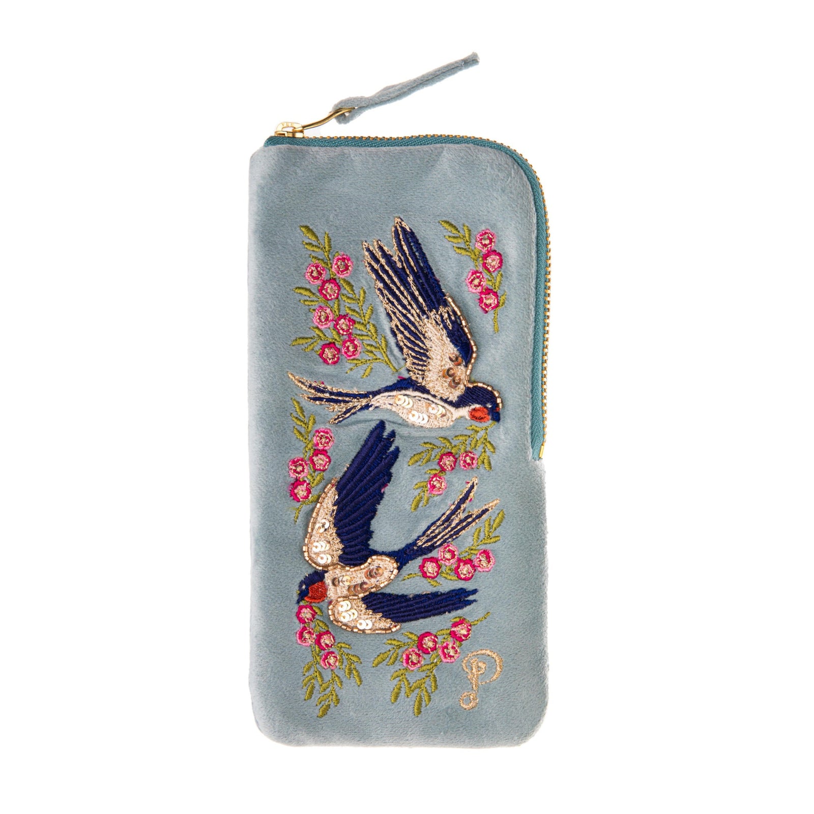 Embroidered pouch with birds and flowers on a light blue background