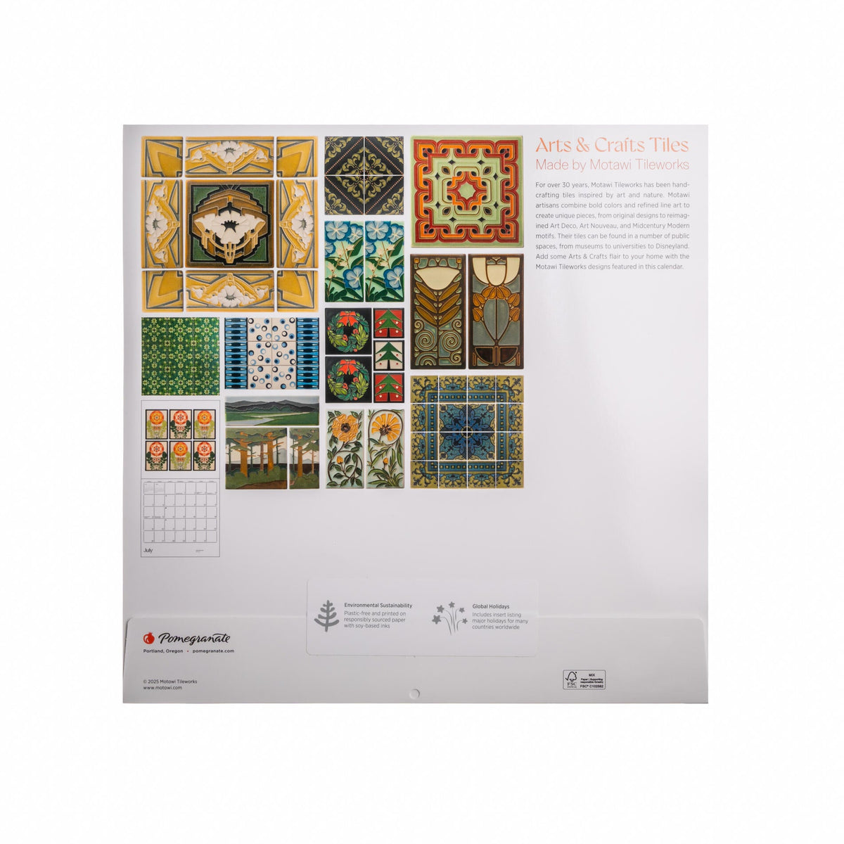 Calendar with decorative tile designs on a white background