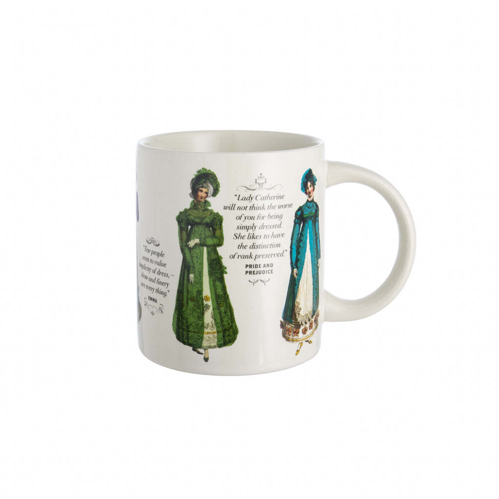 Consider this a formal introduction to Jane Austen’s Regency Finery Heat-Transforming Mug. When the mug is cool, it is ringed with five becoming young ladies, each in her walking attire and bonnet. When the mug is warm, the young ladies change into lovely evening attire. 12 oz. Microwave safe, *not* dishwasher safe.