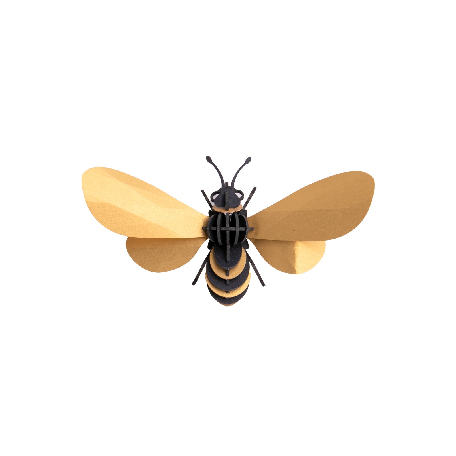 Create a decor piece with this 3D honey bee. The yellow and satin metallic finish of this honey bee evokes the real thing. Building this honey bee is a great activity.  Kit contains: 1 black template for the body 1 gold template for the shields 1 template for the wings A paper stand Dimensions: approx. 2.8" x 5" x 1.2"