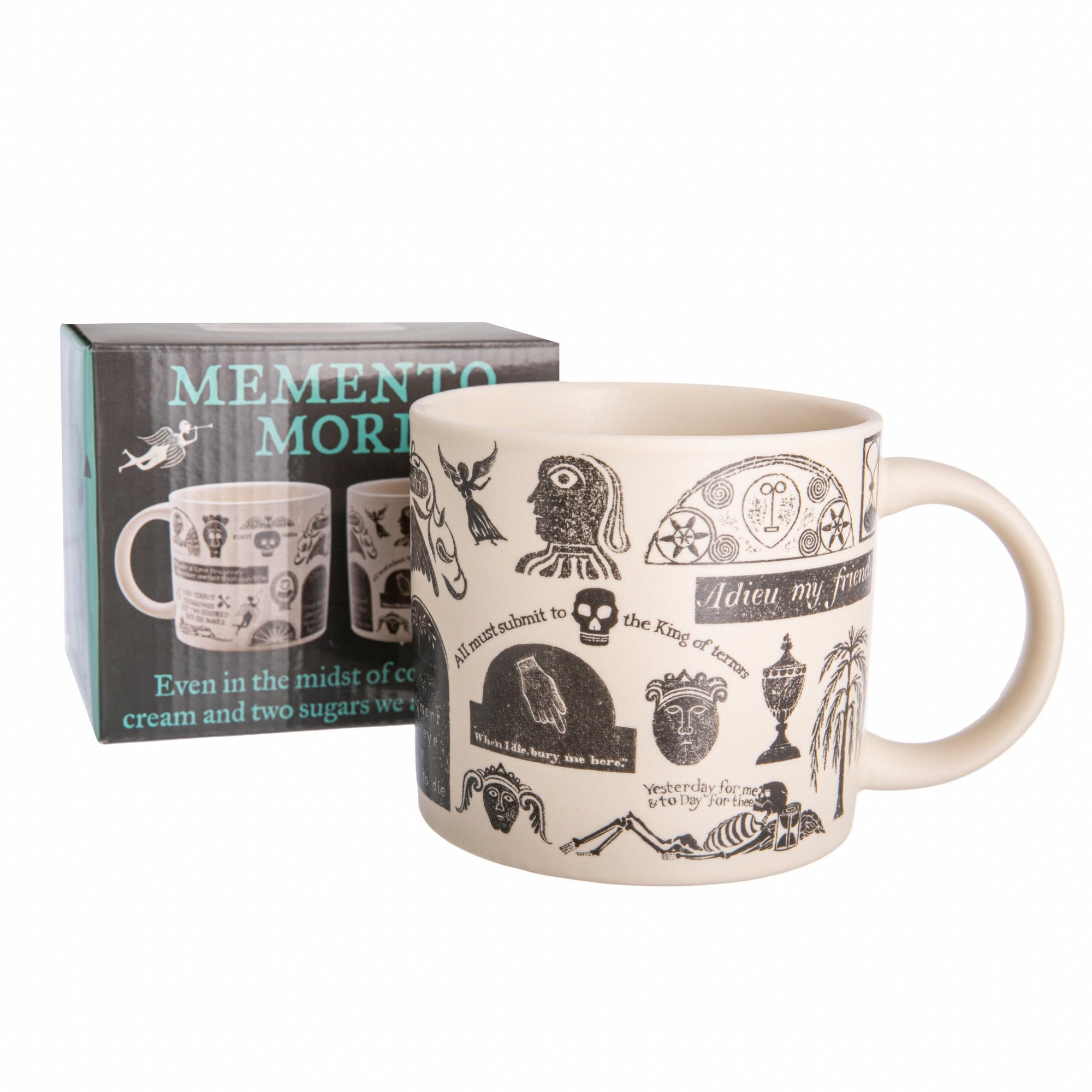 Memento Mori mug with decorative designs and text, accompanied by a matching box on a white background.