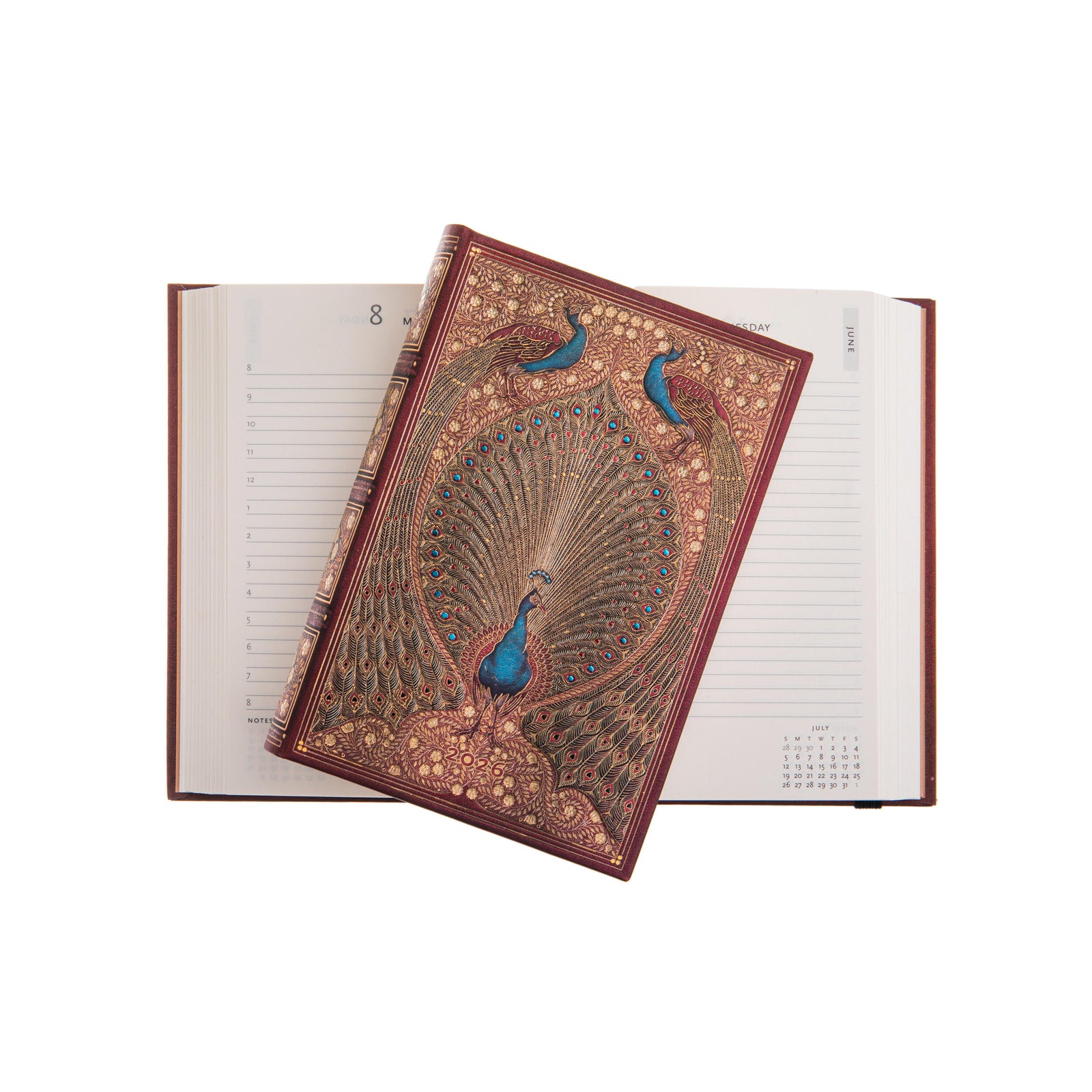 Decorative notebook with peacock design on a white background