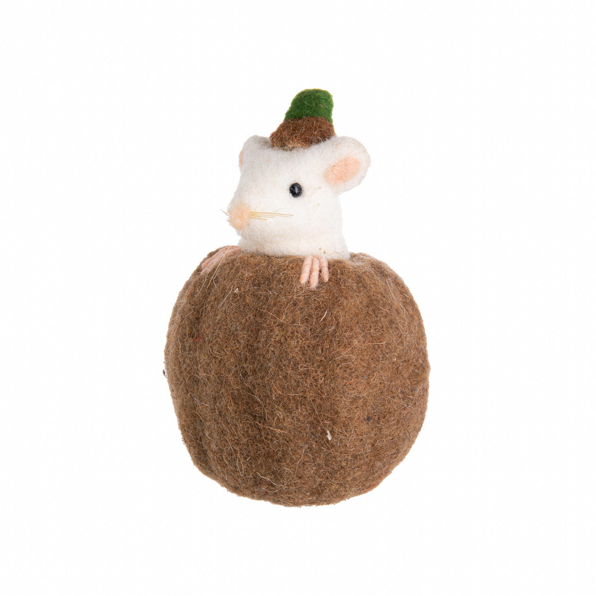 Small plush mouse toy on a brown ball with a white background