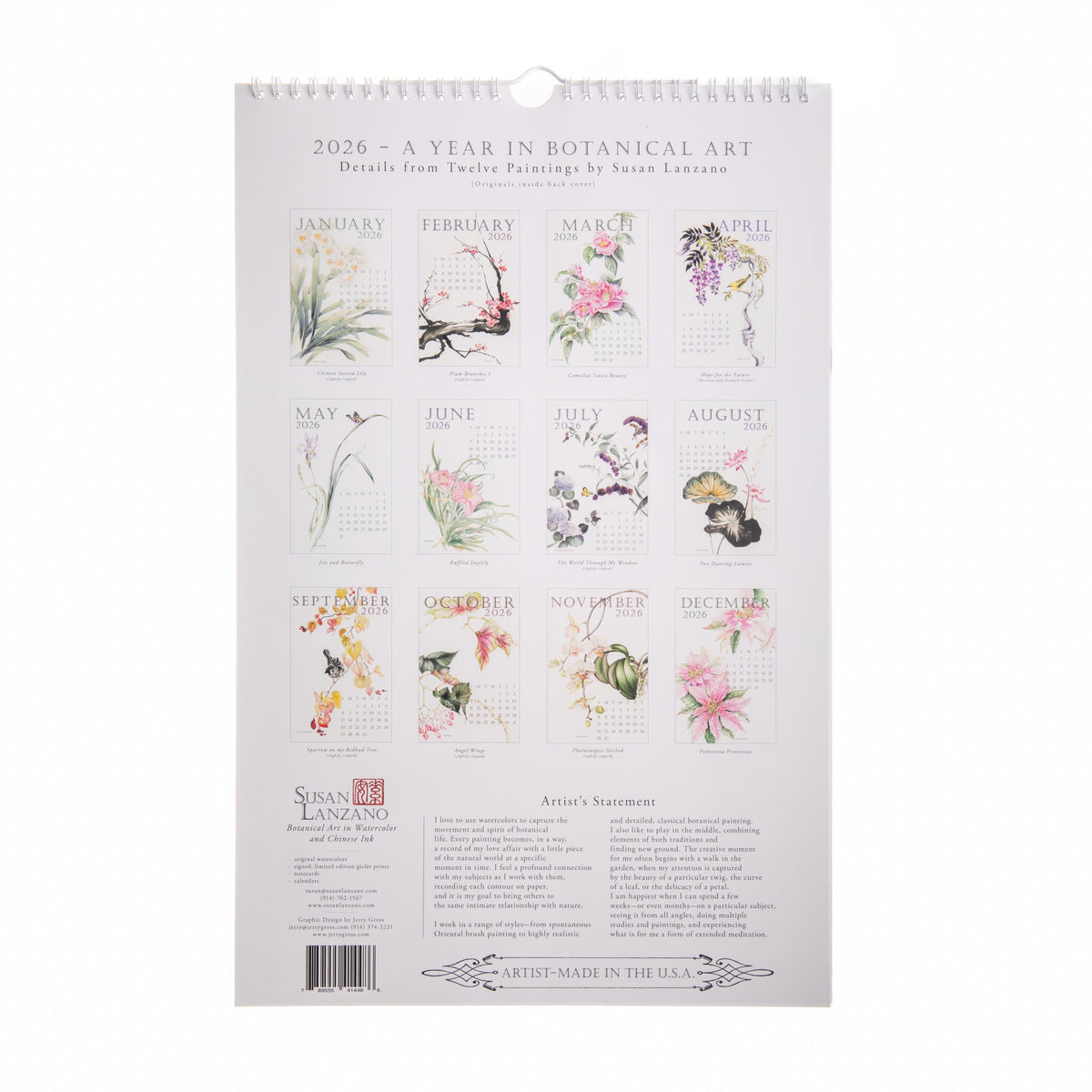 Calendar with botanical illustrations on a white background