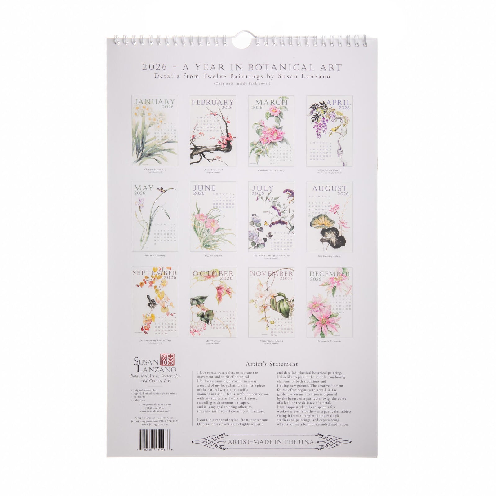 2026 calendar by Susan Lanzano with botanical art design on a white background