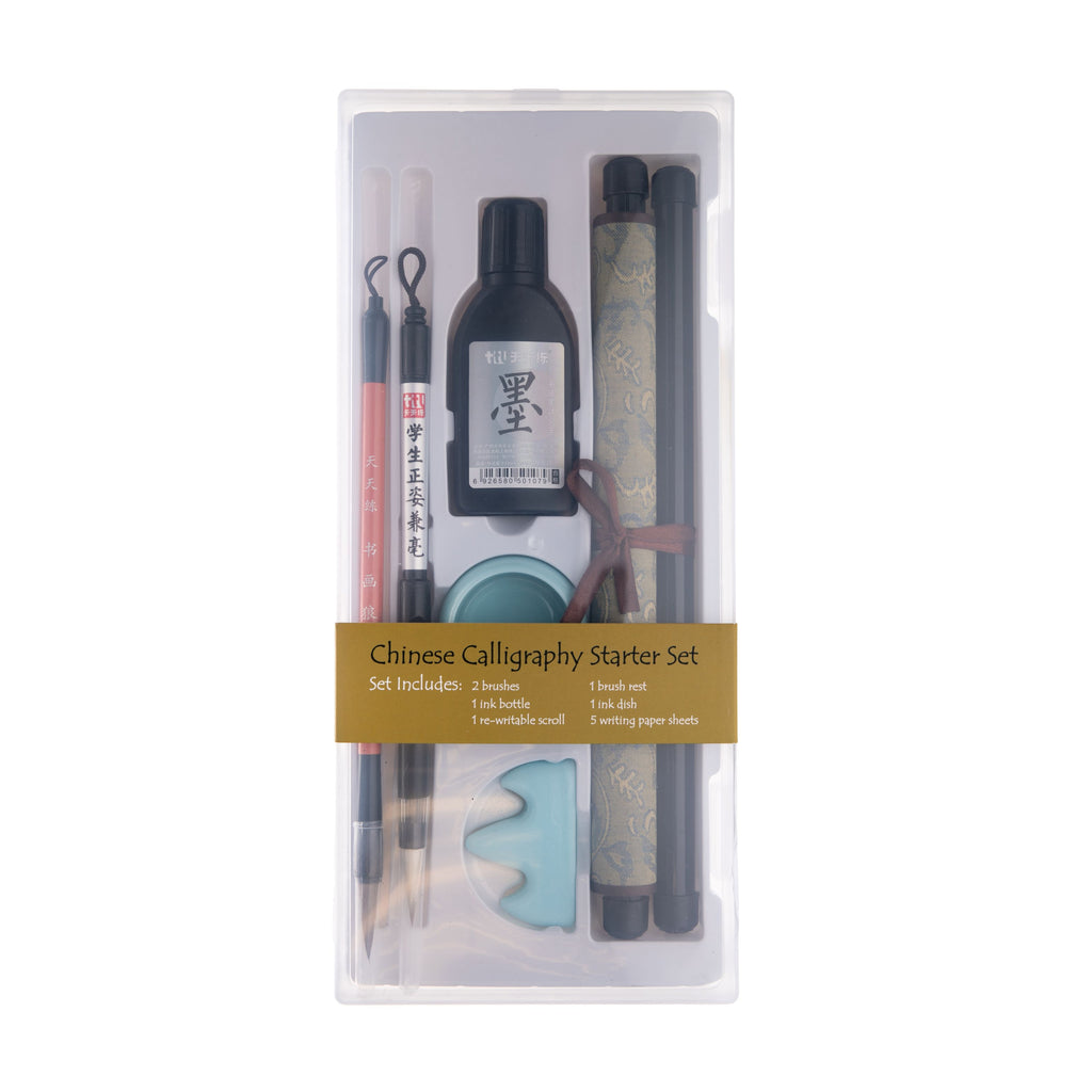 This handy set contains everything you will need to begin your Chinese brush painting journey, all packaged in a practical and sturdy box. Set includes: 2 brushes 1 ink bottle 1 re-writable scroll 1 brush rest 1 ink dish 5 writing paper sheets. Storage box.
